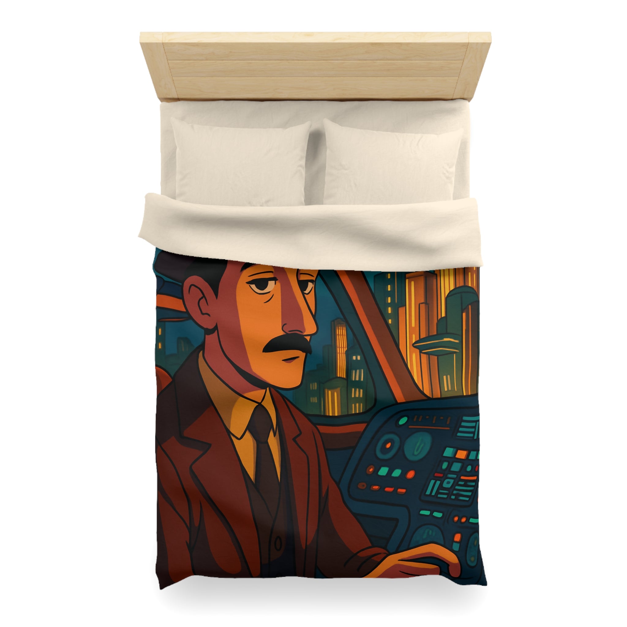 Housse de couette rétro-futuriste avec illustration de ville et pilote dans vaisseau
