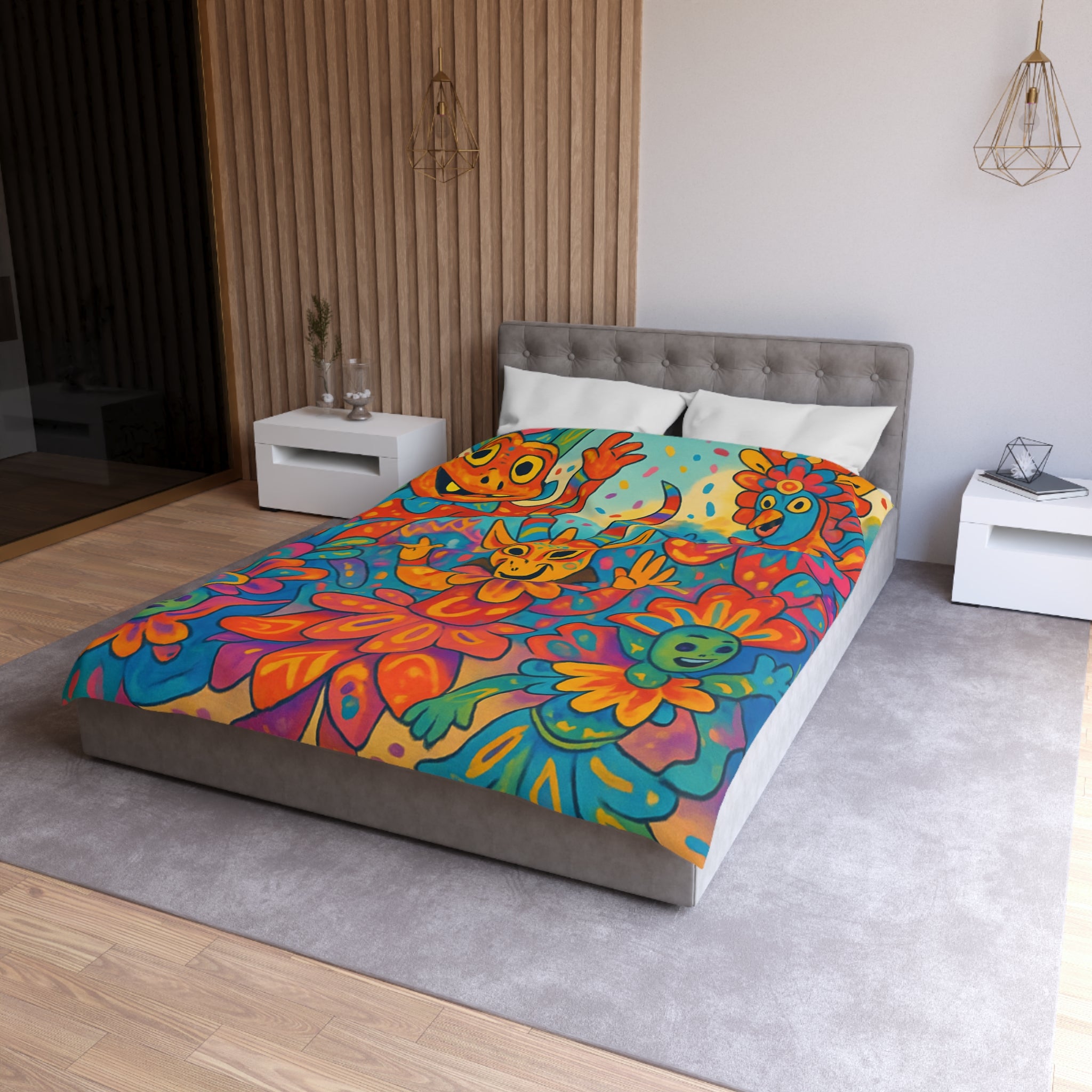 Housse de Couette Multicolore avec Motifs de Carnaval et Masques Fantaisistes Féeriques