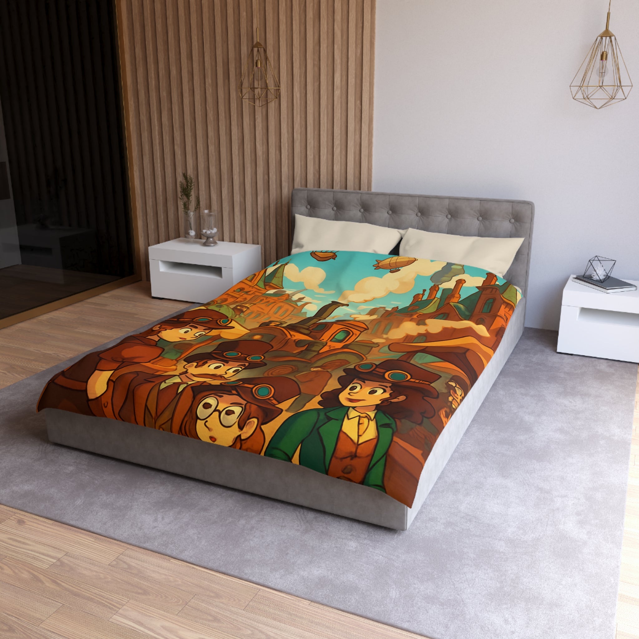 Housse de couette steampunk rétro avec famille, dirigeables et ville victorienne animée