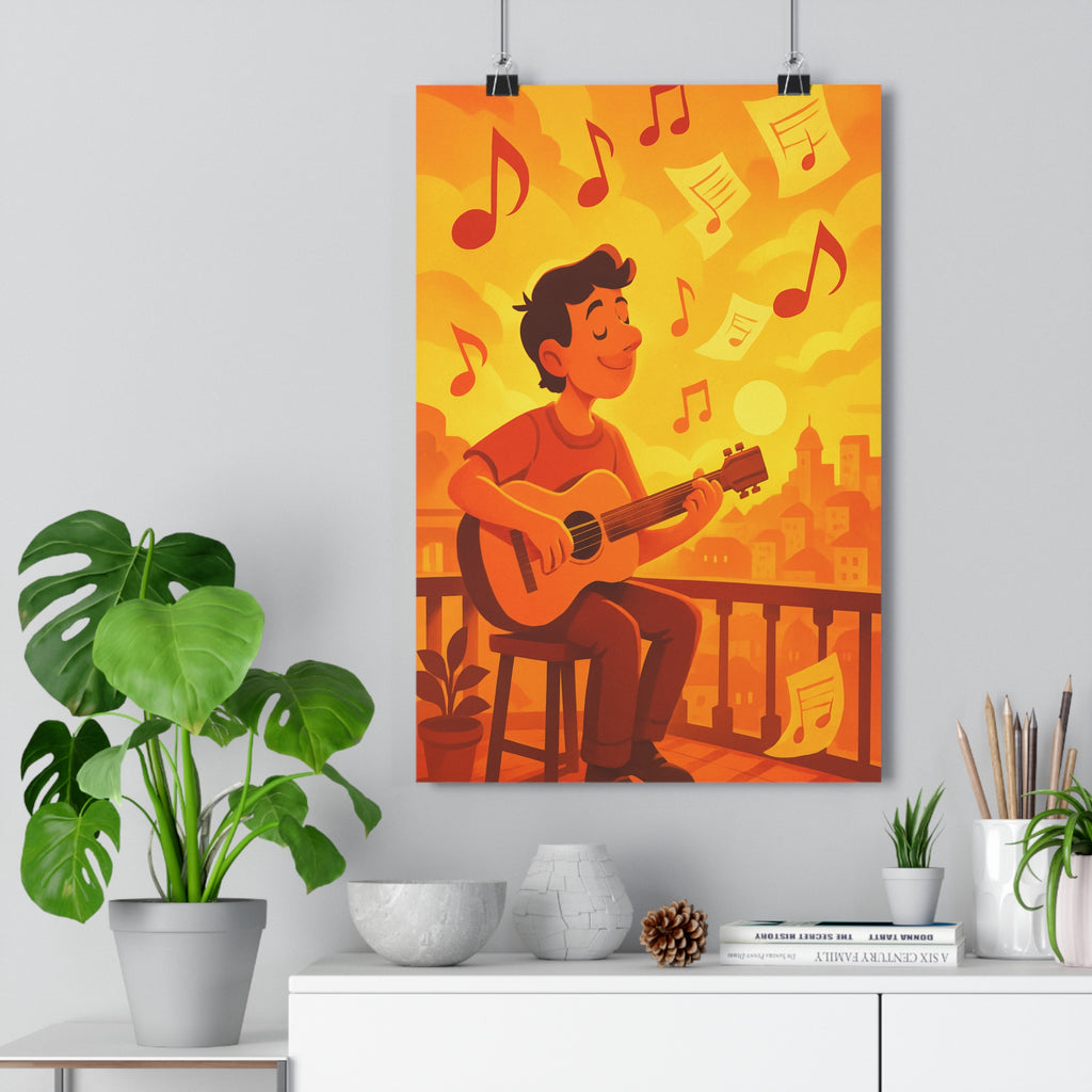 Poster décoratif cartoon orange jaune joyeux salon musique balcon format 30x46 chaleureux original tendance