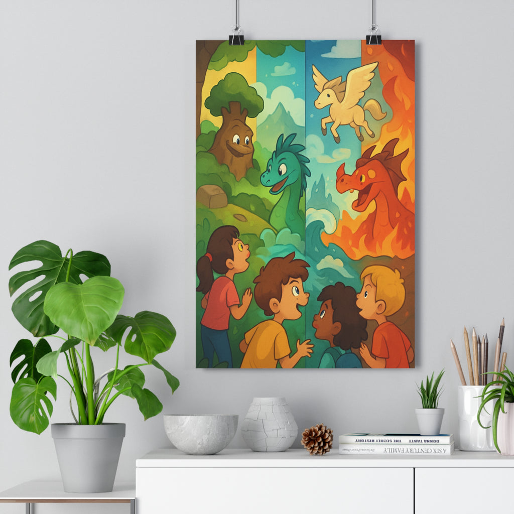 Poster décoratif cartoon vibrant joyeux enfant terre eau air feu aventure dessin animé ambiance
