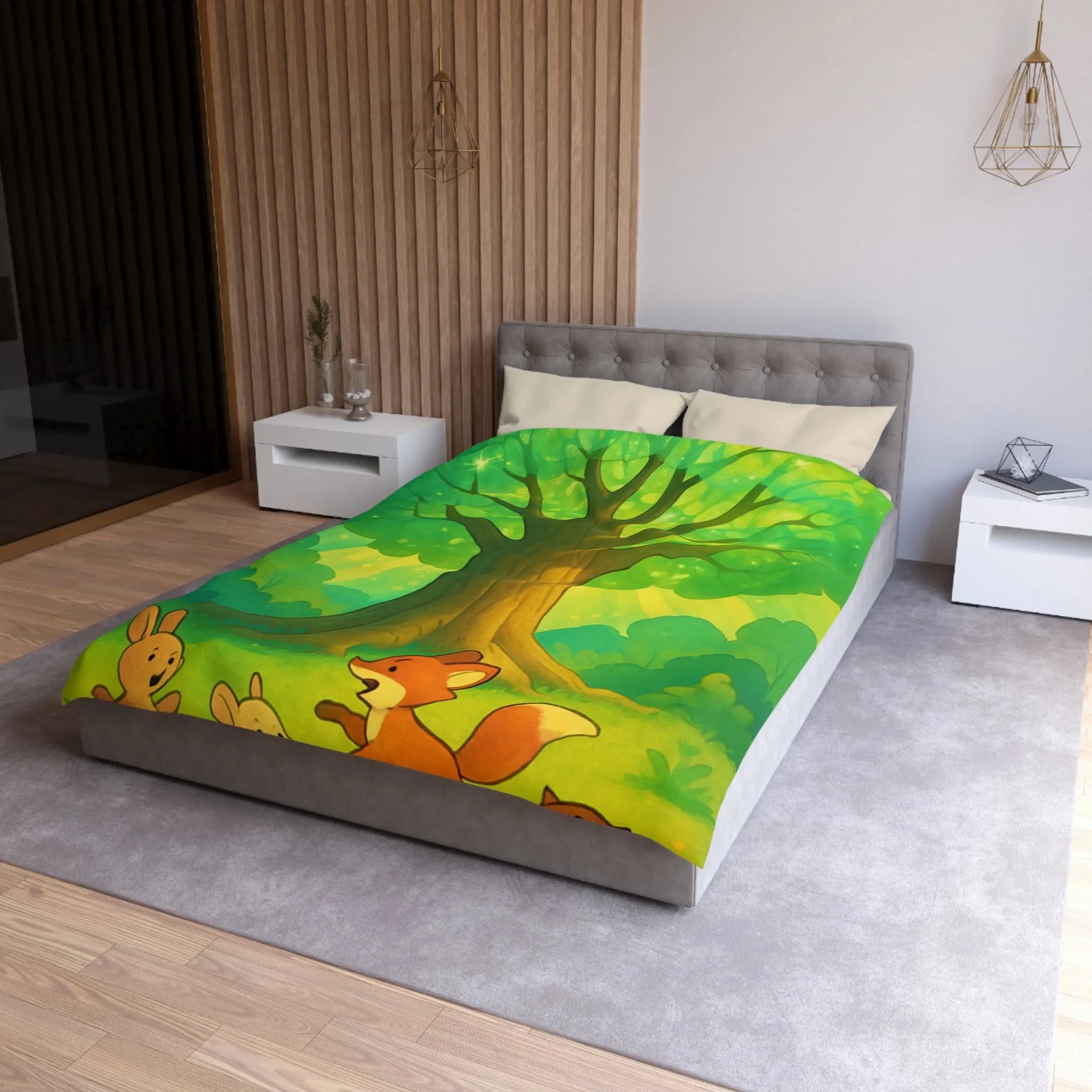 Charmante forêt enchantée avec animaux espiègles sous un majestueux arbre scintillant illustré