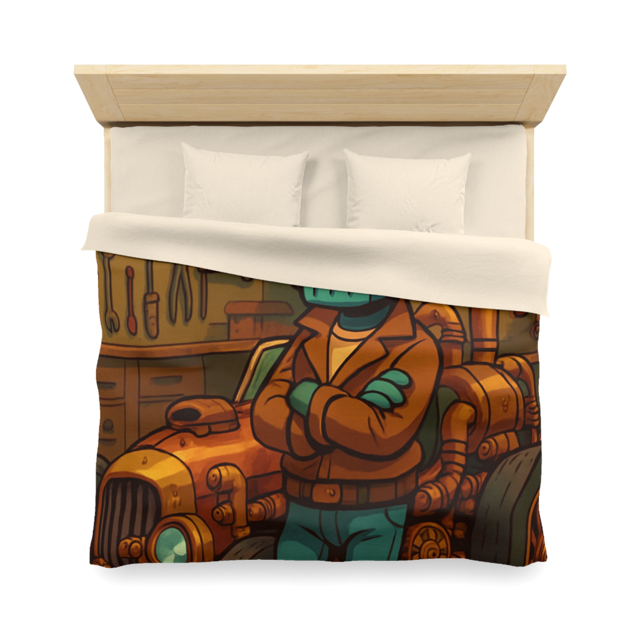 Housse de couette rétro steampunk avec voiture vintage et robot dans un atelier