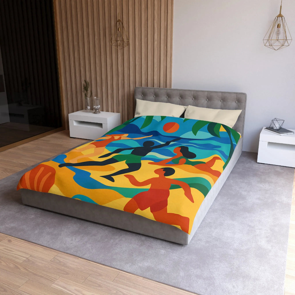Housse de Couette Colorée Motif Plage Tropicale avec Palmiers et Activités Ludiques