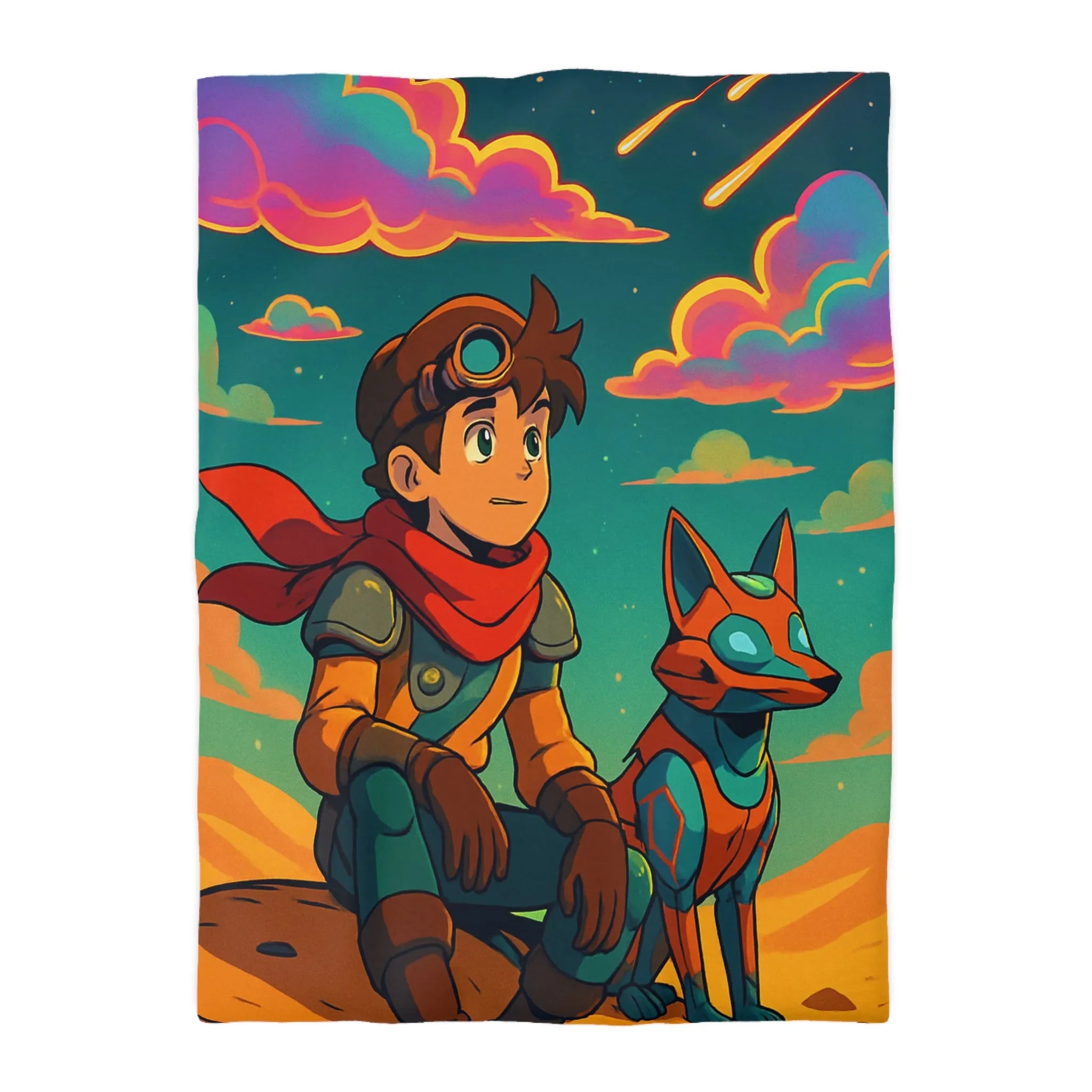 Housse de couette avec illustration colorée de personnage animé et chien robot sous ciel étoilé