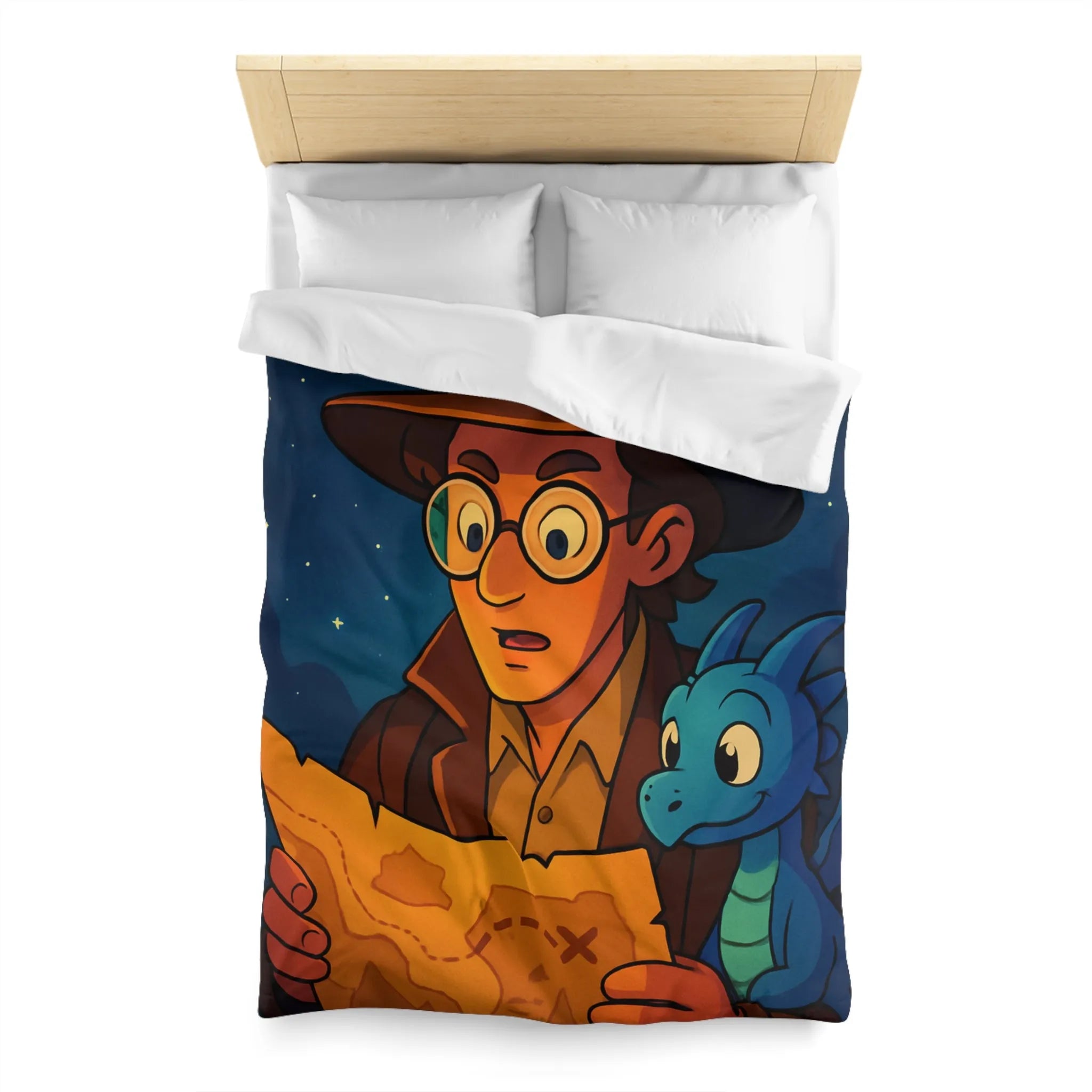 Aventure nocturne avec explorateur et dragon bleu sous planètes mystiques sur fond étoilé