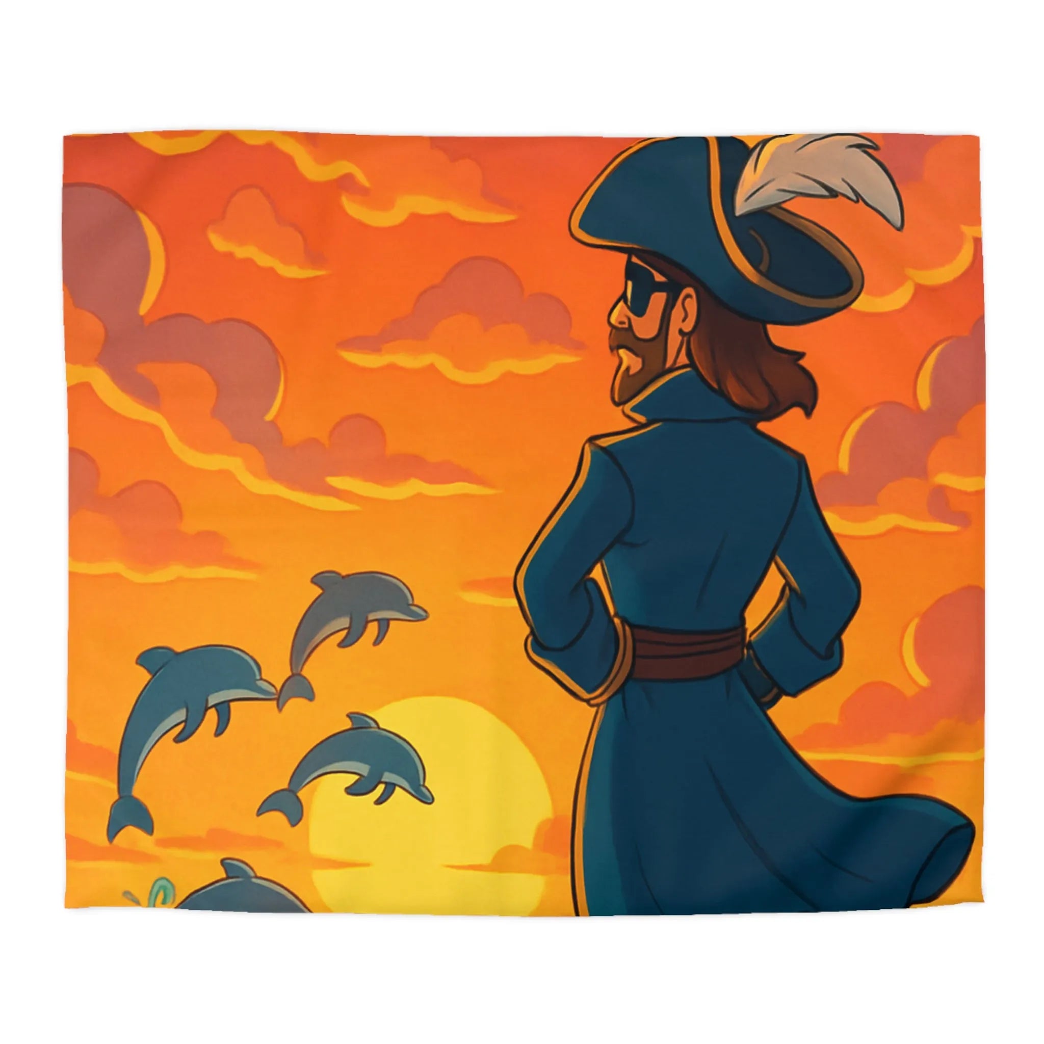 Housse de couette avec pirate contemplant dauphins sous ciel flamboyant au coucher du soleil