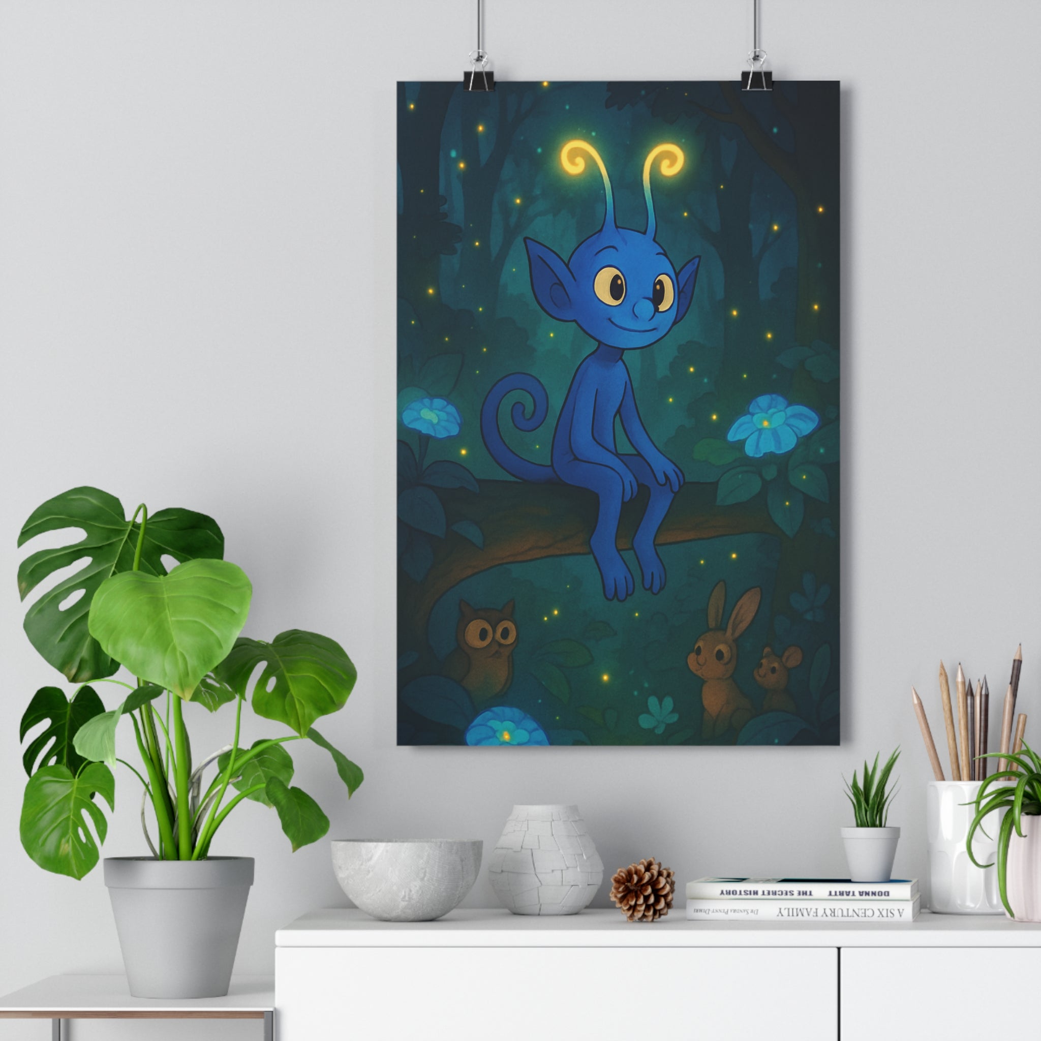 Poster décoratif féerique bleu forêt enchantée magique chambre détente ambiance lumineuse animaux format 30x46