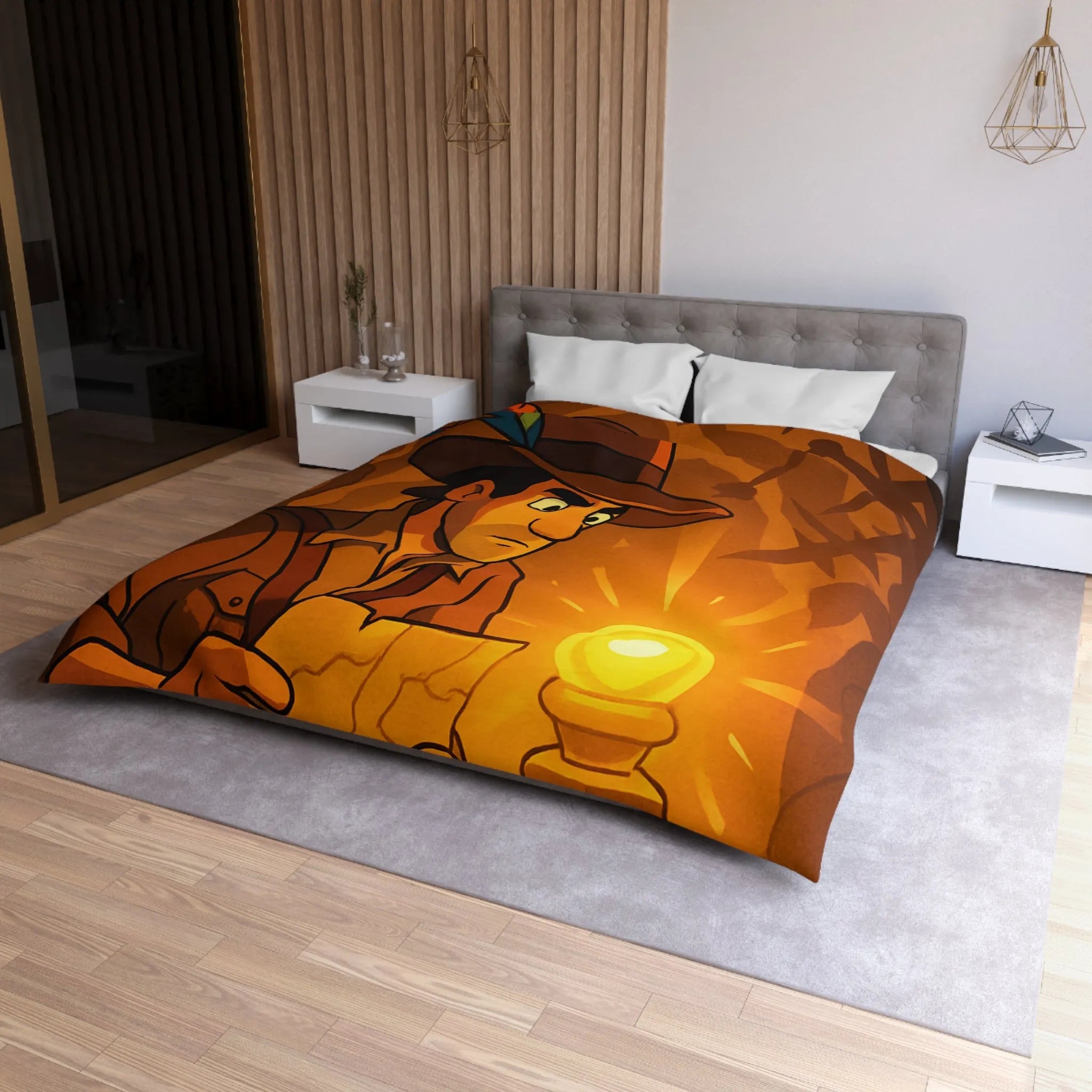 Housse de couette exploration mystérieuse avec lumière dorée et carte ancienne