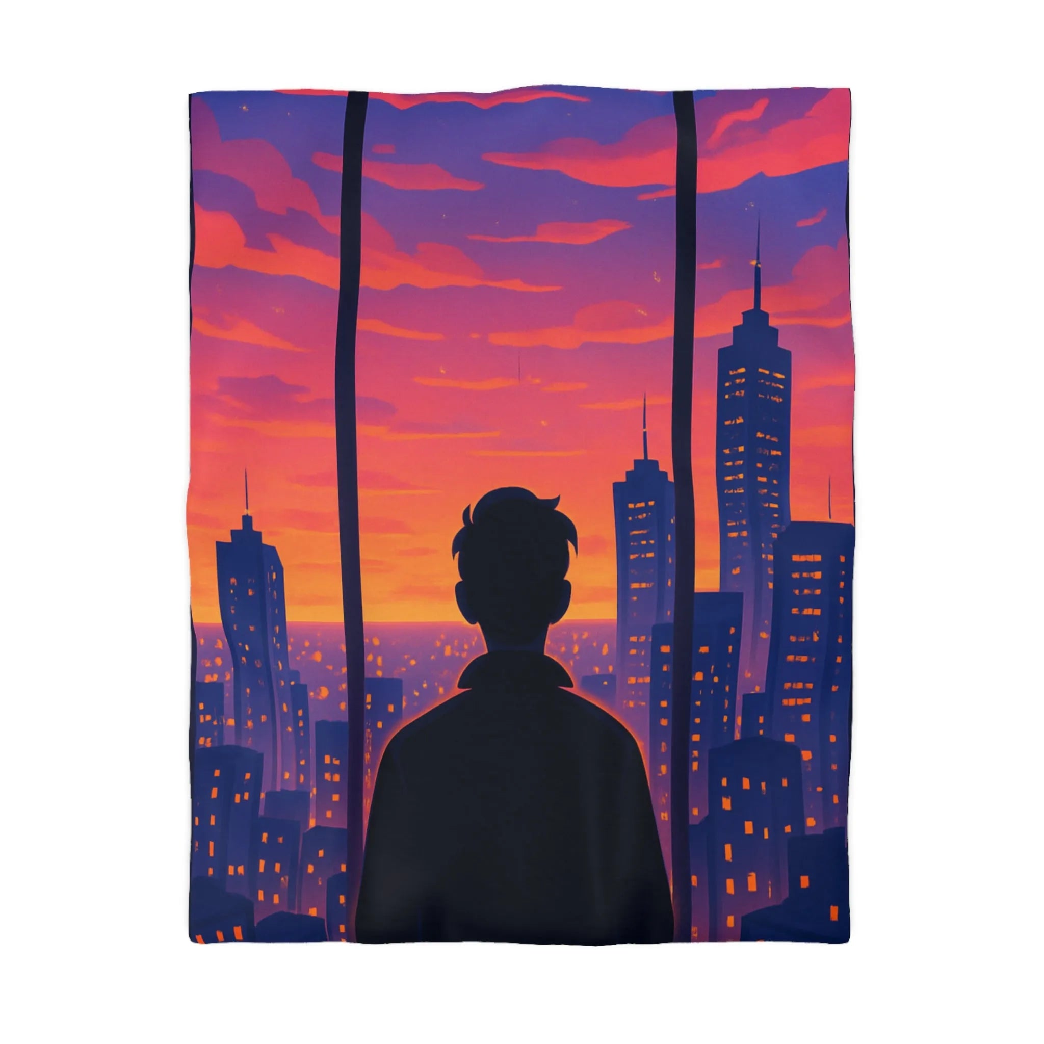 Housse de Couette Colorée avec Silhouette de Personne Devant Ville au Crépuscule