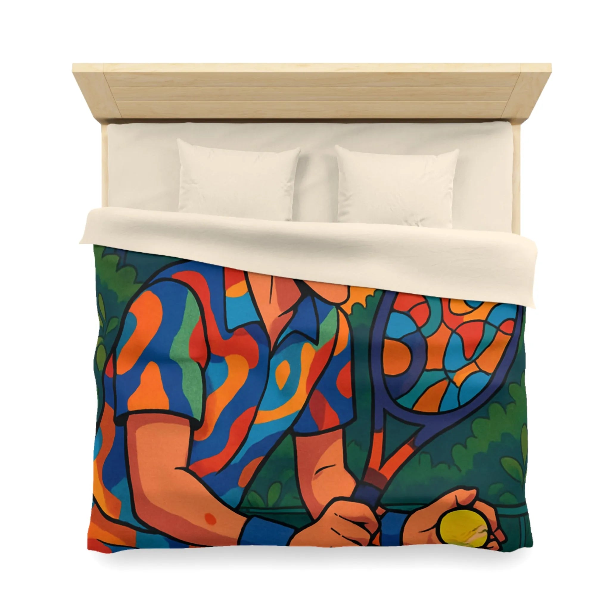 Housse de Couette Colorée Tennis Design Vibrant avec Joueur en Action et Palmiers