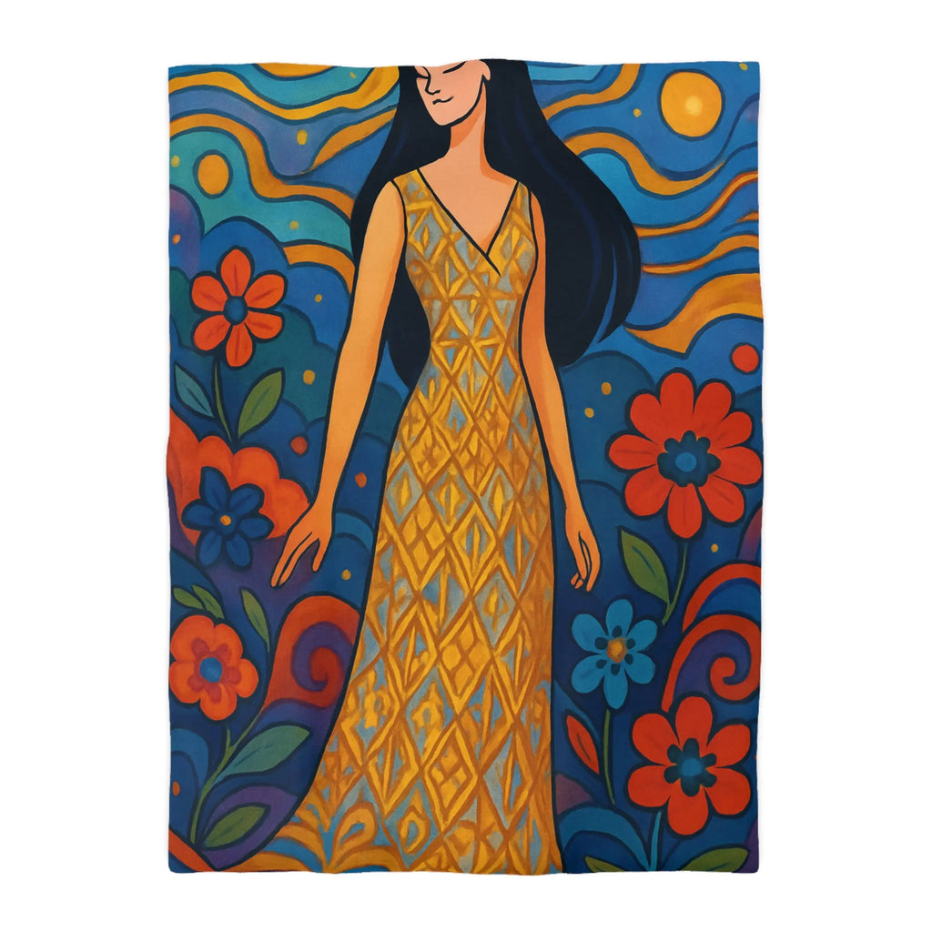 Housse de couette artistique avec motif floral vibrant et silhouette élégante féminine