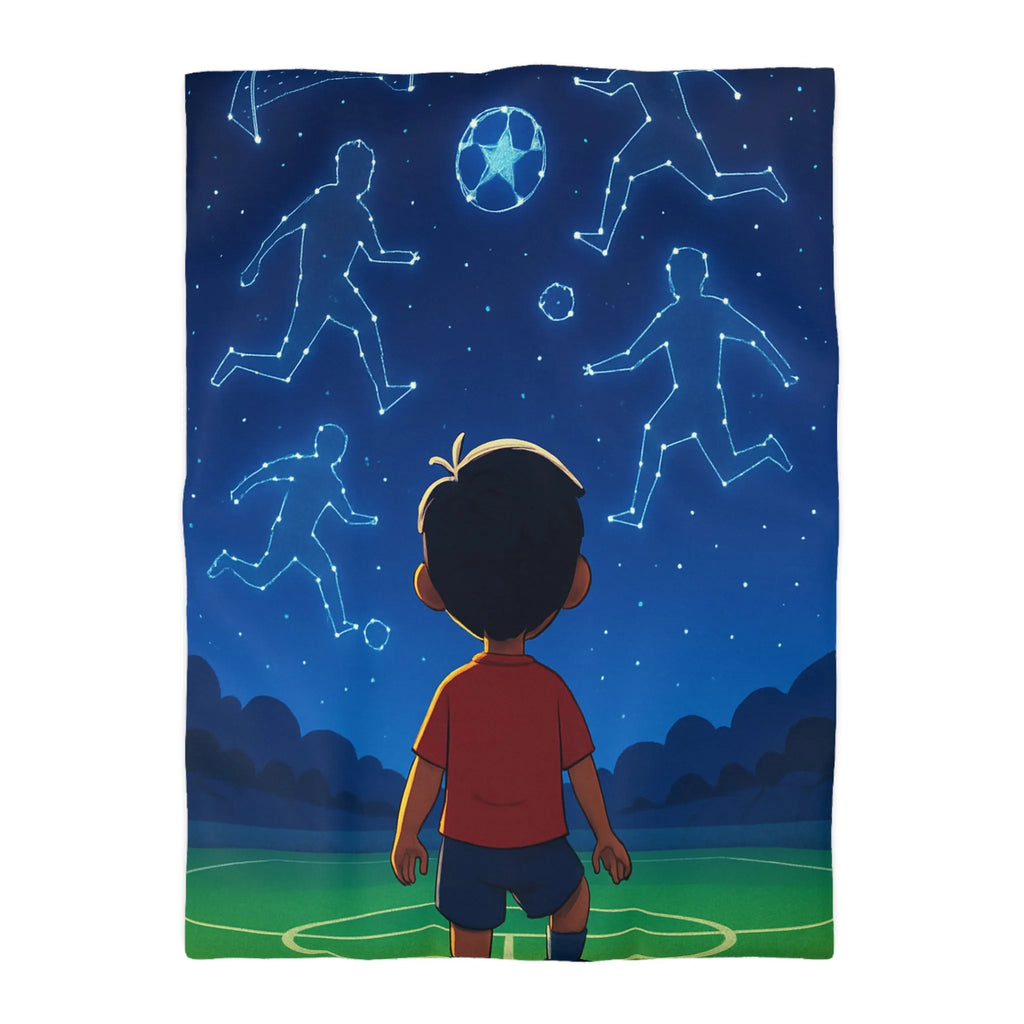 Housse de couette étoilée avec enfant rêvant de football sous ciel constellé