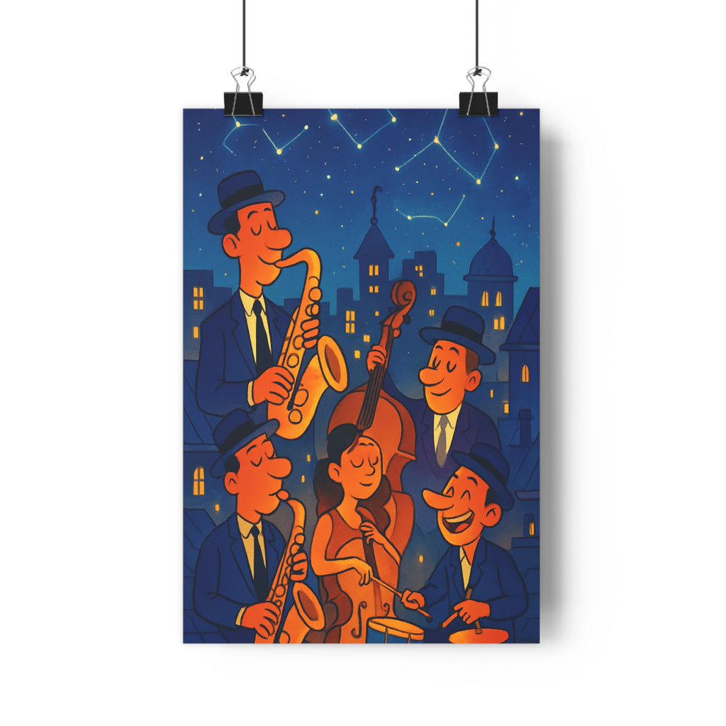 Poster décoratif jazz nocturne rétro nuit étoilée saxophone vibrant salon bureau ambiance élégante qualité