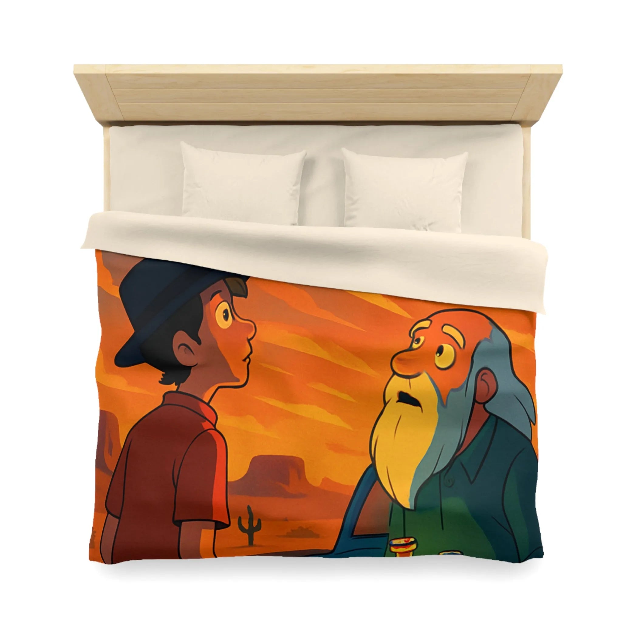 Housse de couette artistique coucher de soleil désertique avec flacons lumineux et personnages