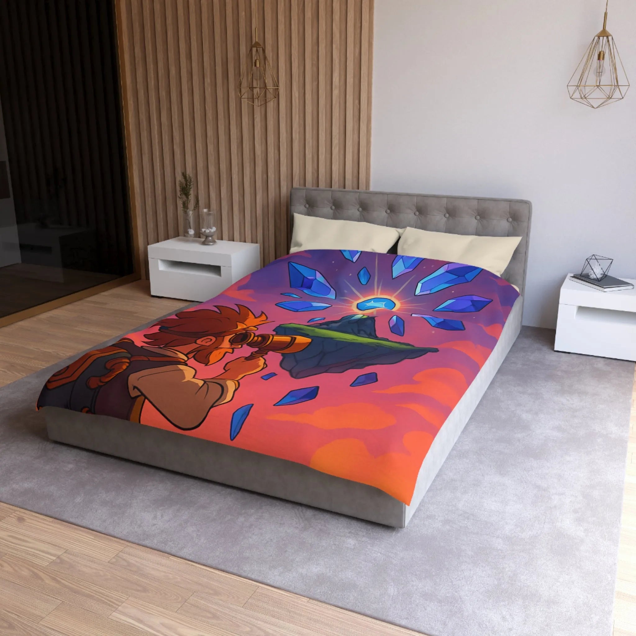 Housse de couette aventure fantastique avec cristaux flottants et scientifique explorateur