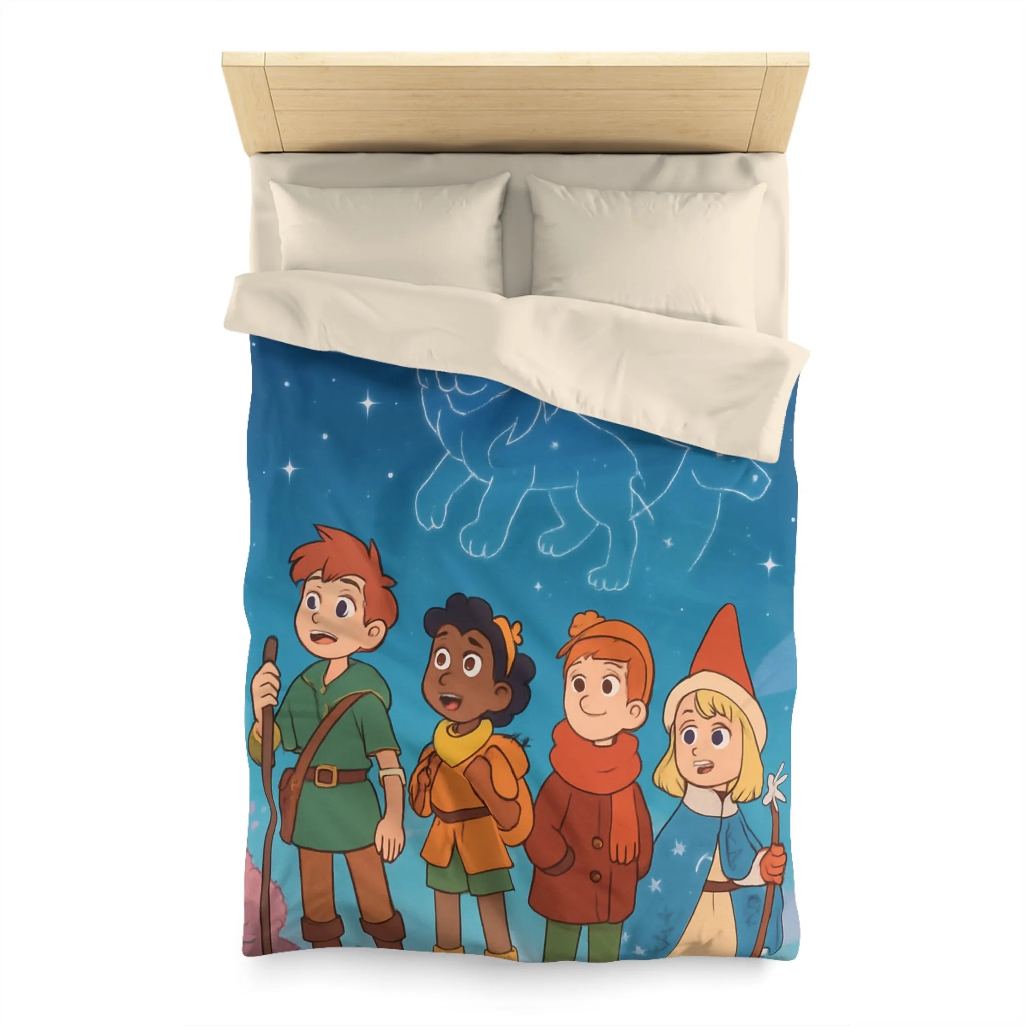 Housse de couette colorée avec enfants aventuriers et constellations nuit étoilée