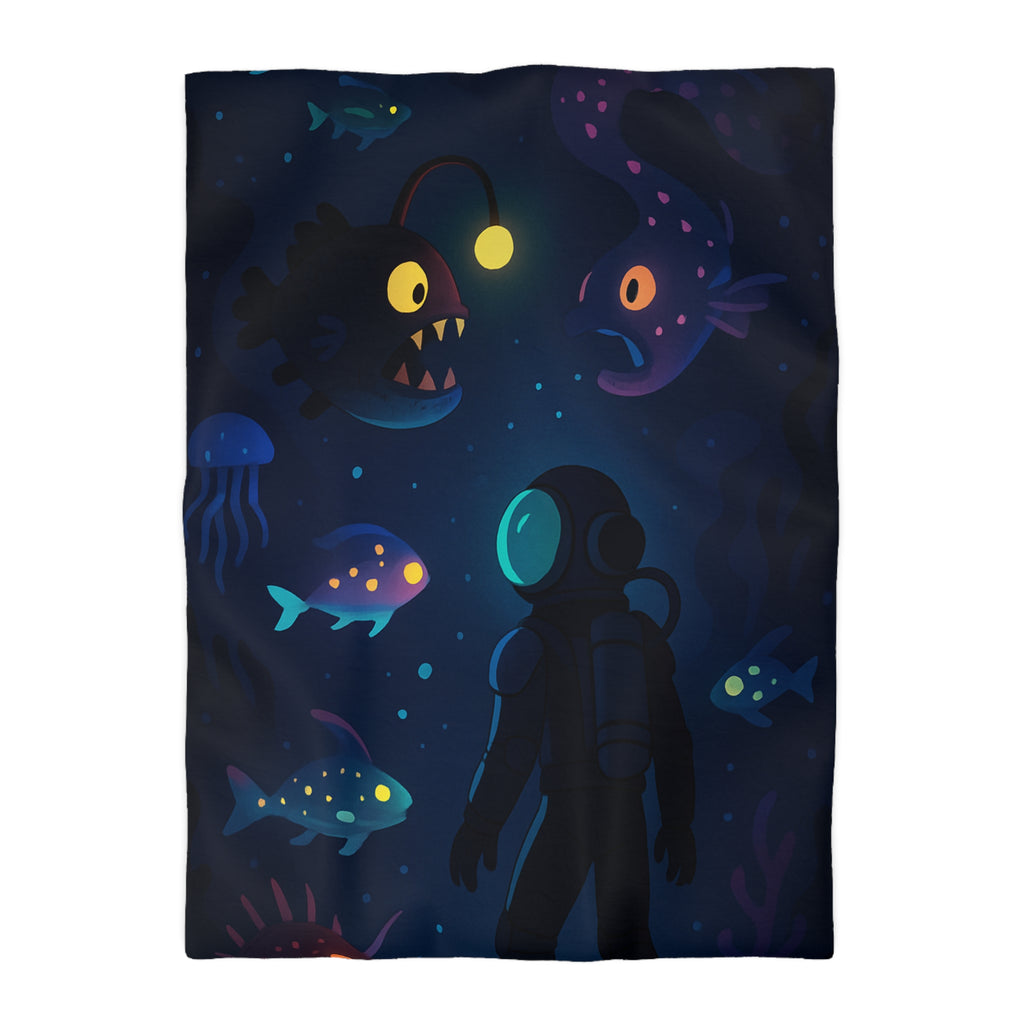 Housse de couette océanique avec plongeur et créatures marines lumineuses mystérieuses