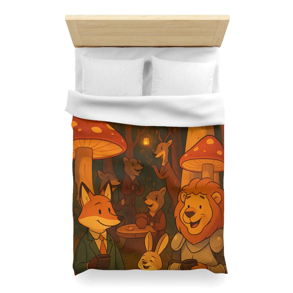 Housse de couette enchantée avec animaux sous champignons géants dans une forêt magique