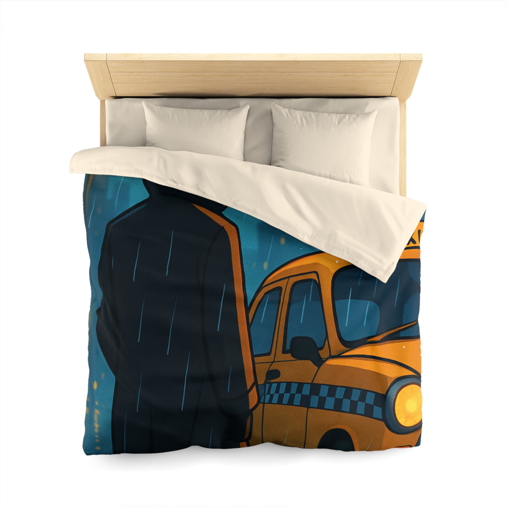 Mystérieux Homme En Imper Parapluie Noir Attendant Taxi Jaune Sous Pluie Urbaine Nocturne