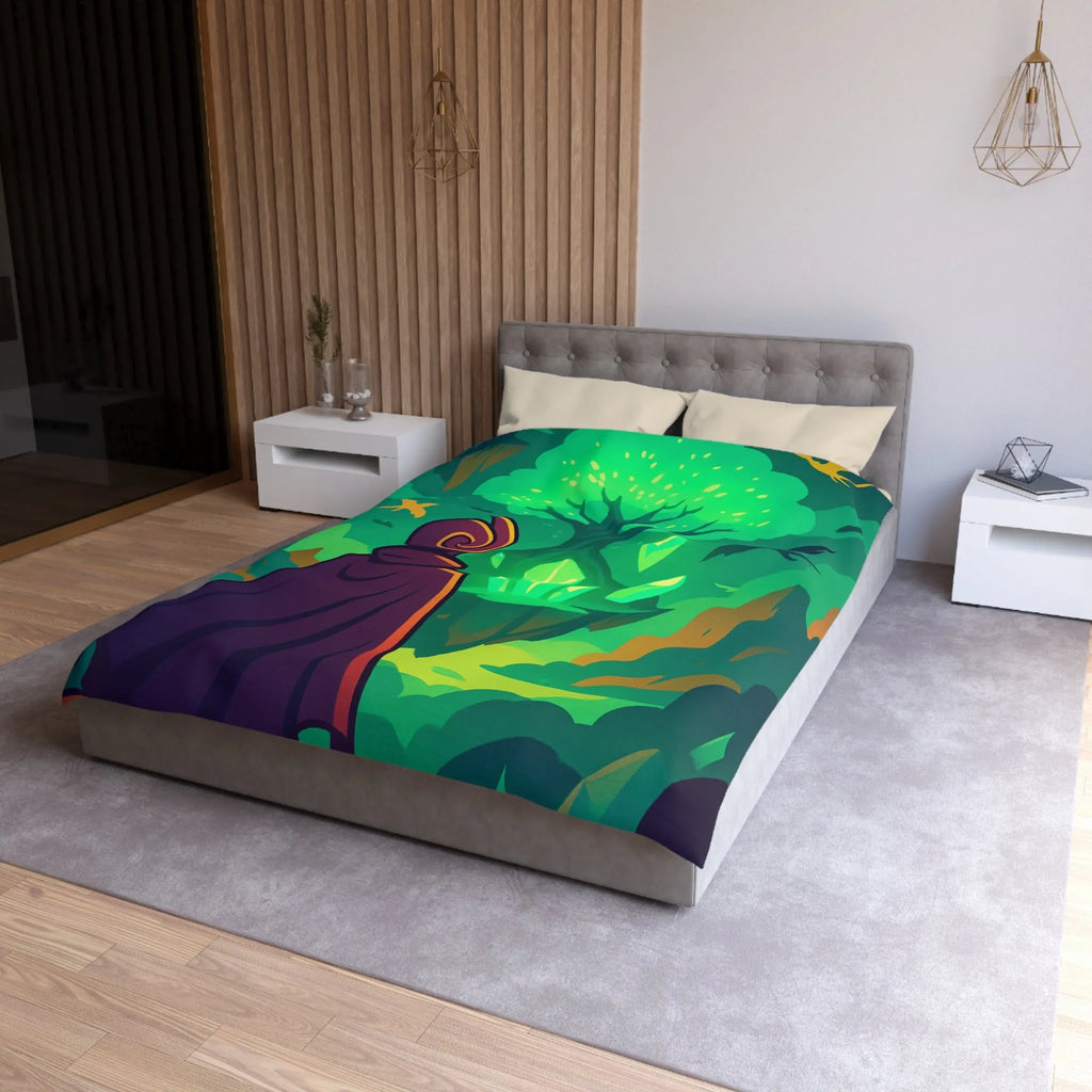 Housse de couette magique avec arbre brillant flottant, créatures volantes et paysages féeriques