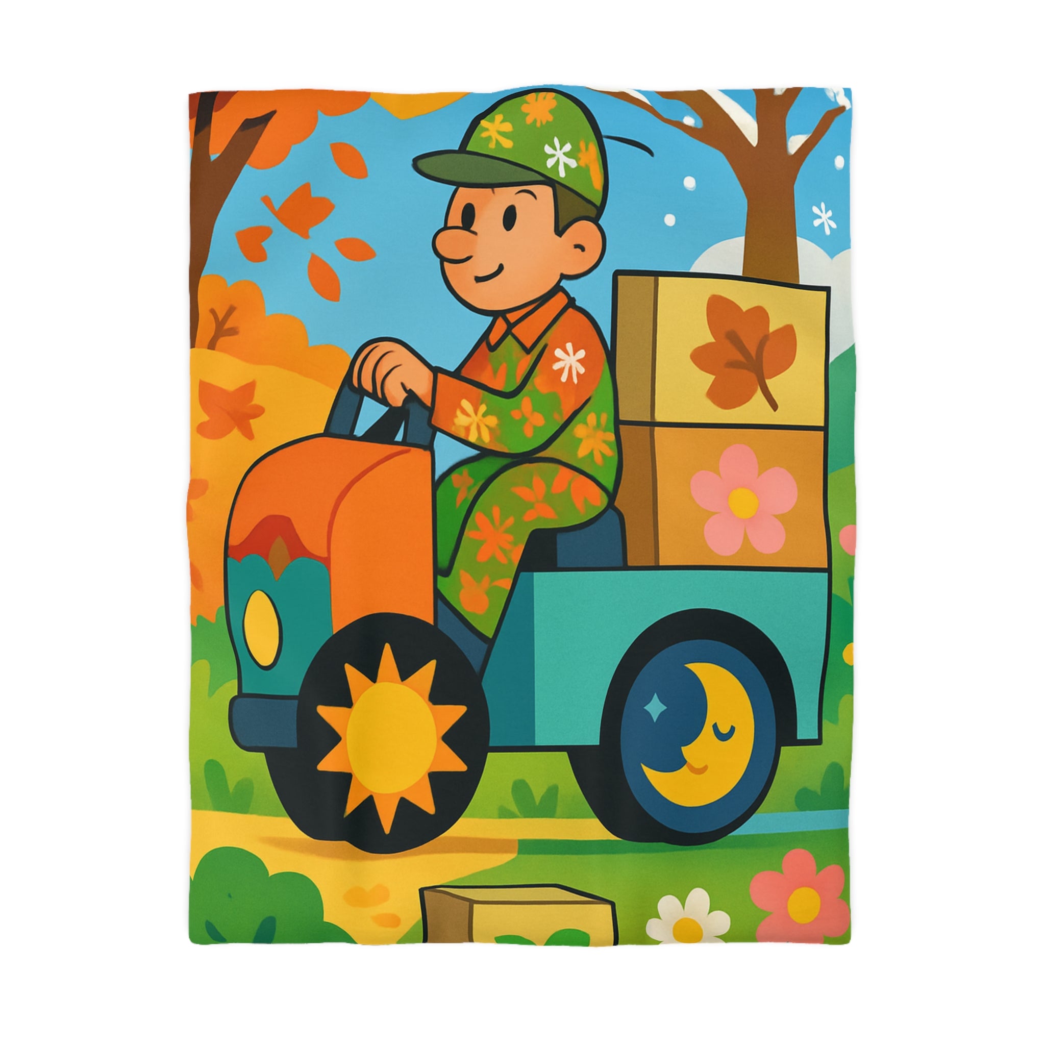 Housse de Couette Paisible Illustrant un Paysage Automnal avec Motifs Floraux et Naturels