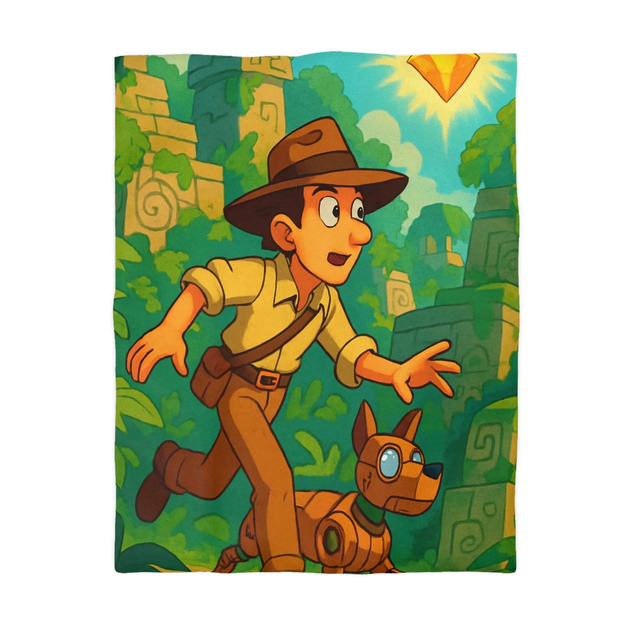 Housse de couette aventure jungle avec personnage explorateur et chien robotique animé