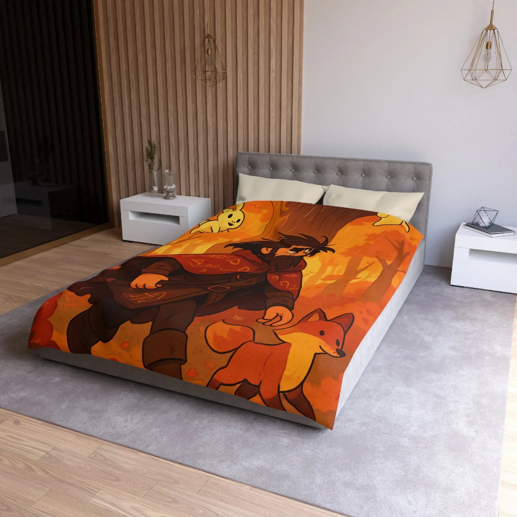 Housse de Couette Artistique avec Forêt Mystique d'Automne, Homme Barbu et Animaux Joyeux