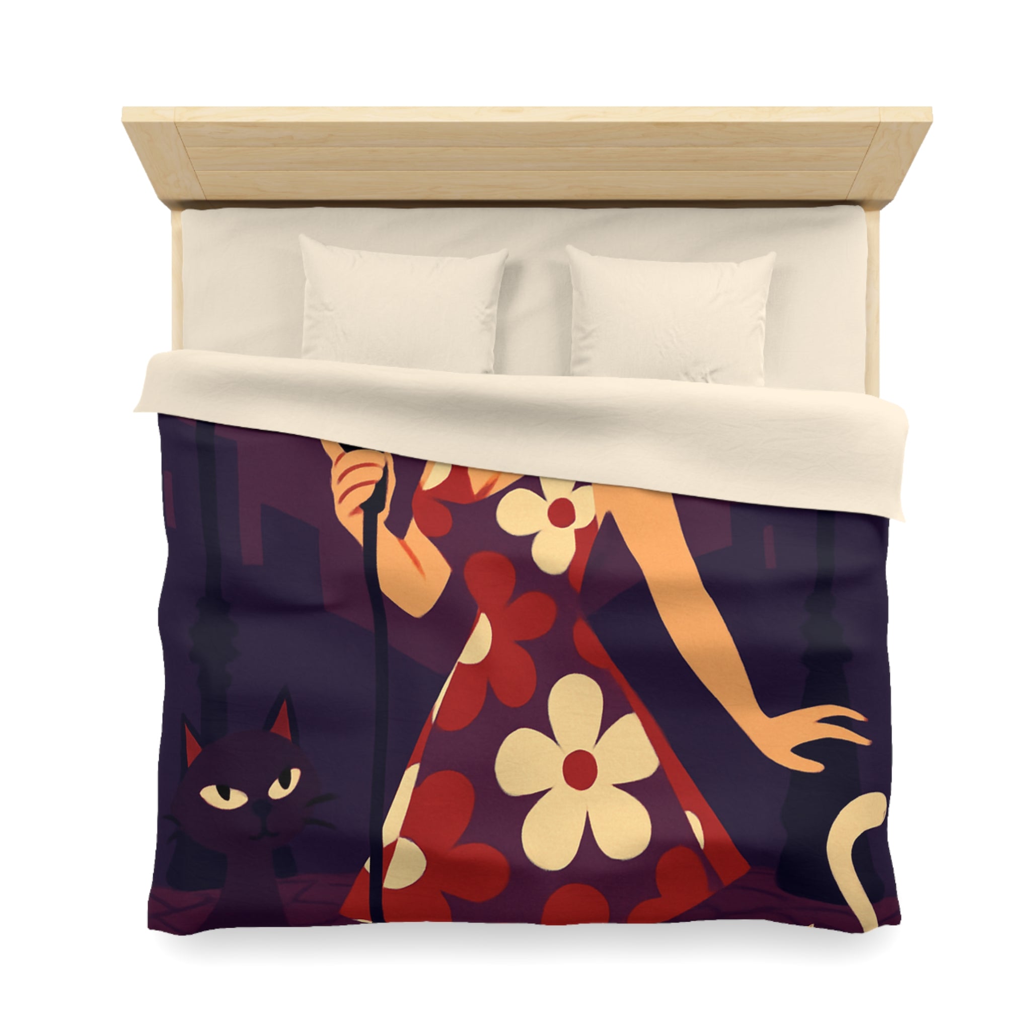 Housse de Couette Vintage avec Chanteuse Rétro et Chats sous Réverbères Nocturnes