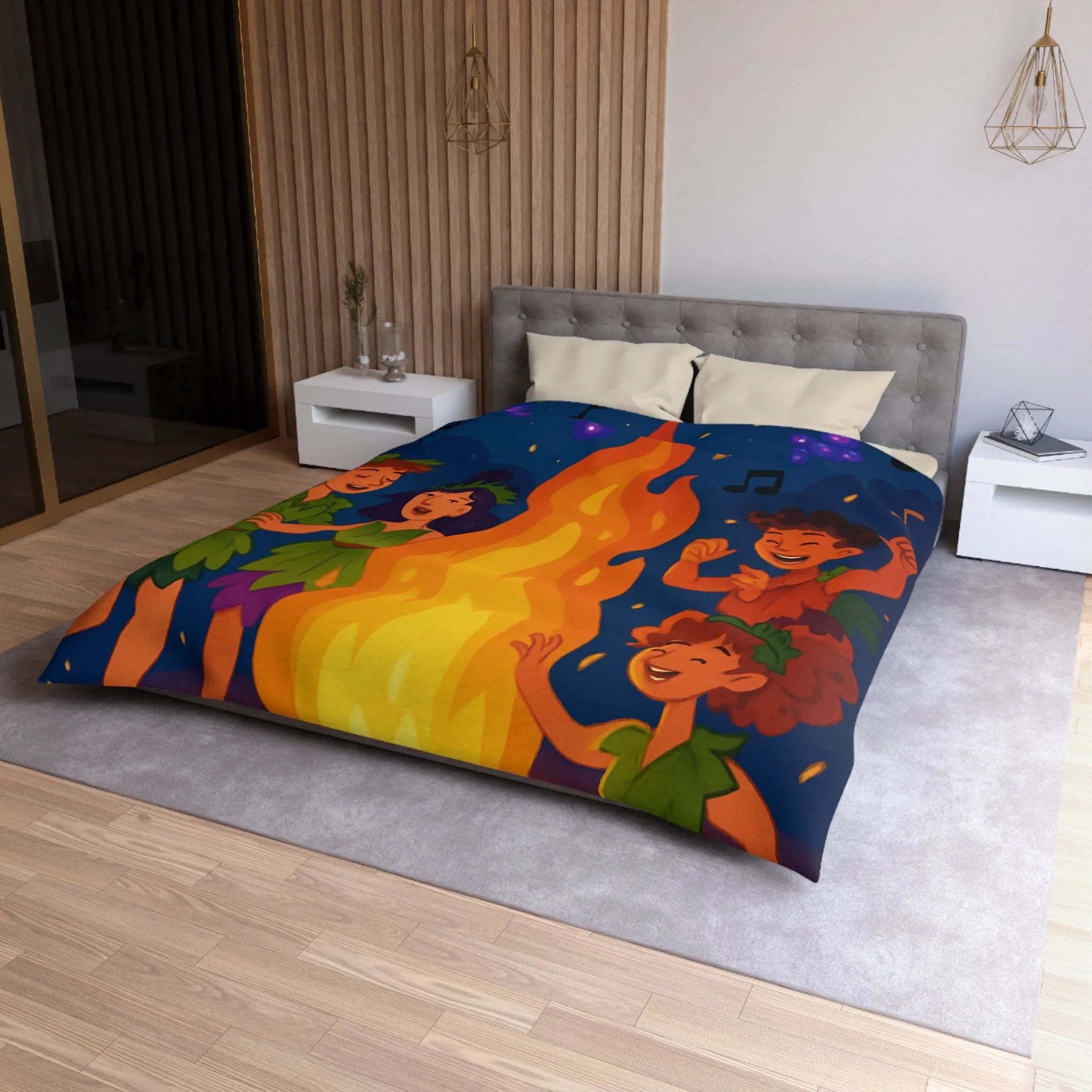 Housse de couette joyeuse autour d'un feu de camp avec enfants et raisins dansants