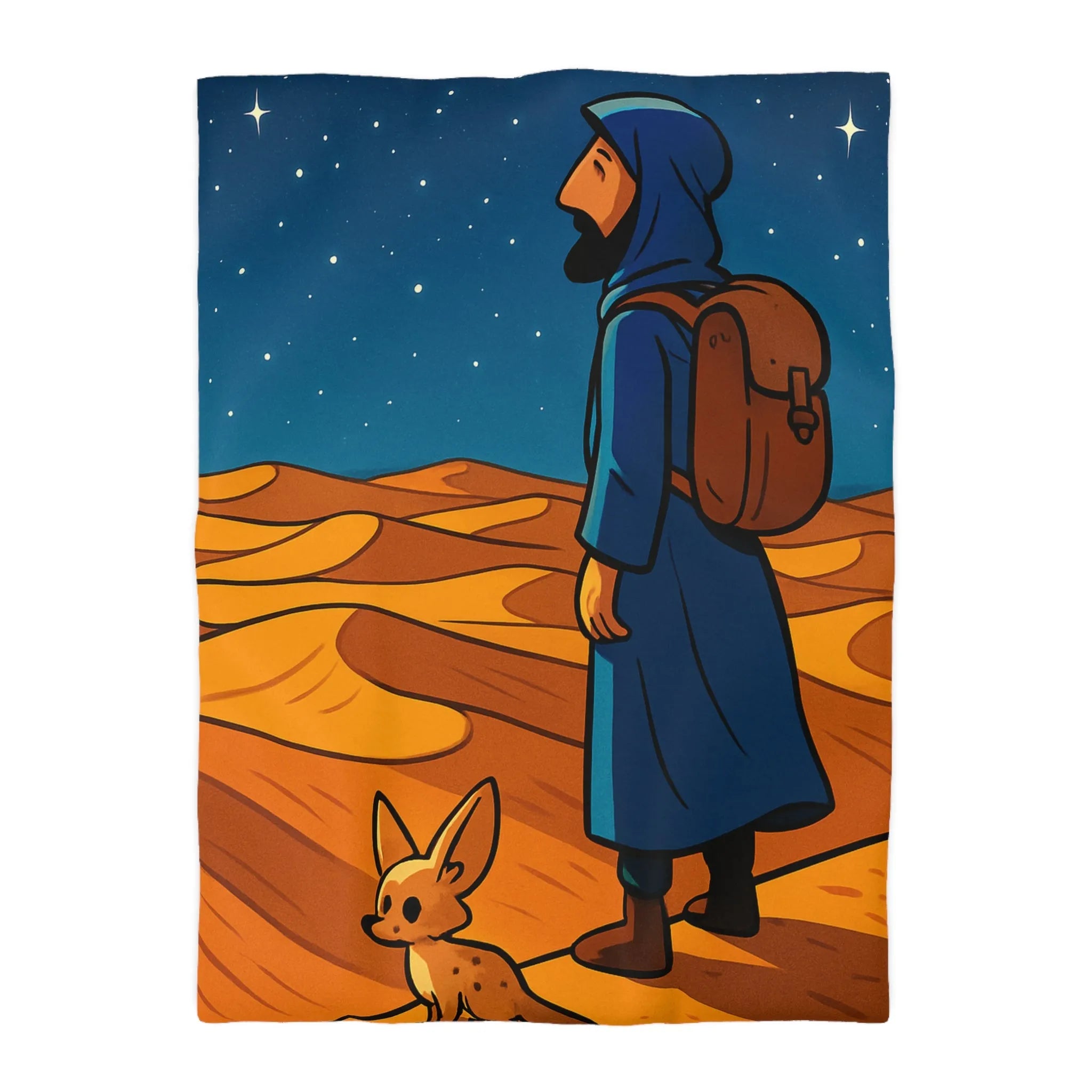 Housse de Couette Désert Nocturne Nomade Bleu Étoilé et Renard des Sables Enchanté