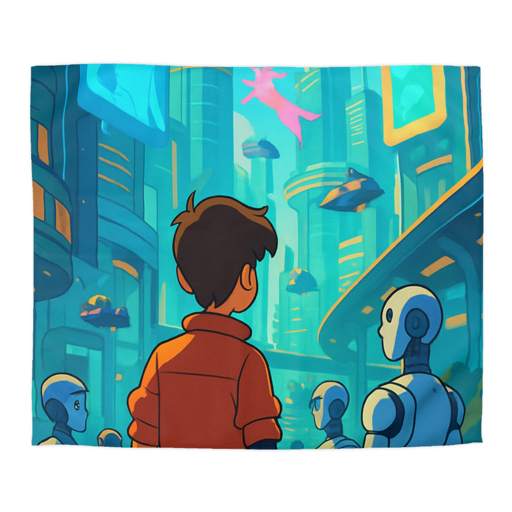 Housse de couette urbaine futuriste avec robots et affiches lumineuses pour chambre moderne