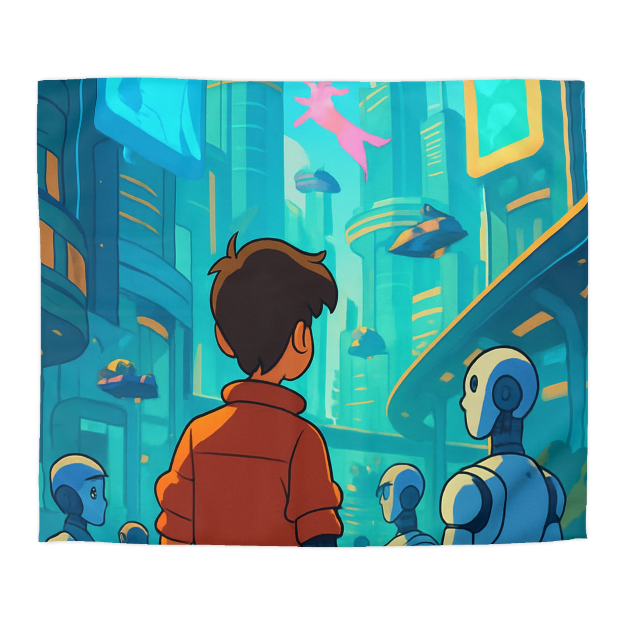 Housse de couette urbaine futuriste avec robots et affiches lumineuses pour chambre moderne