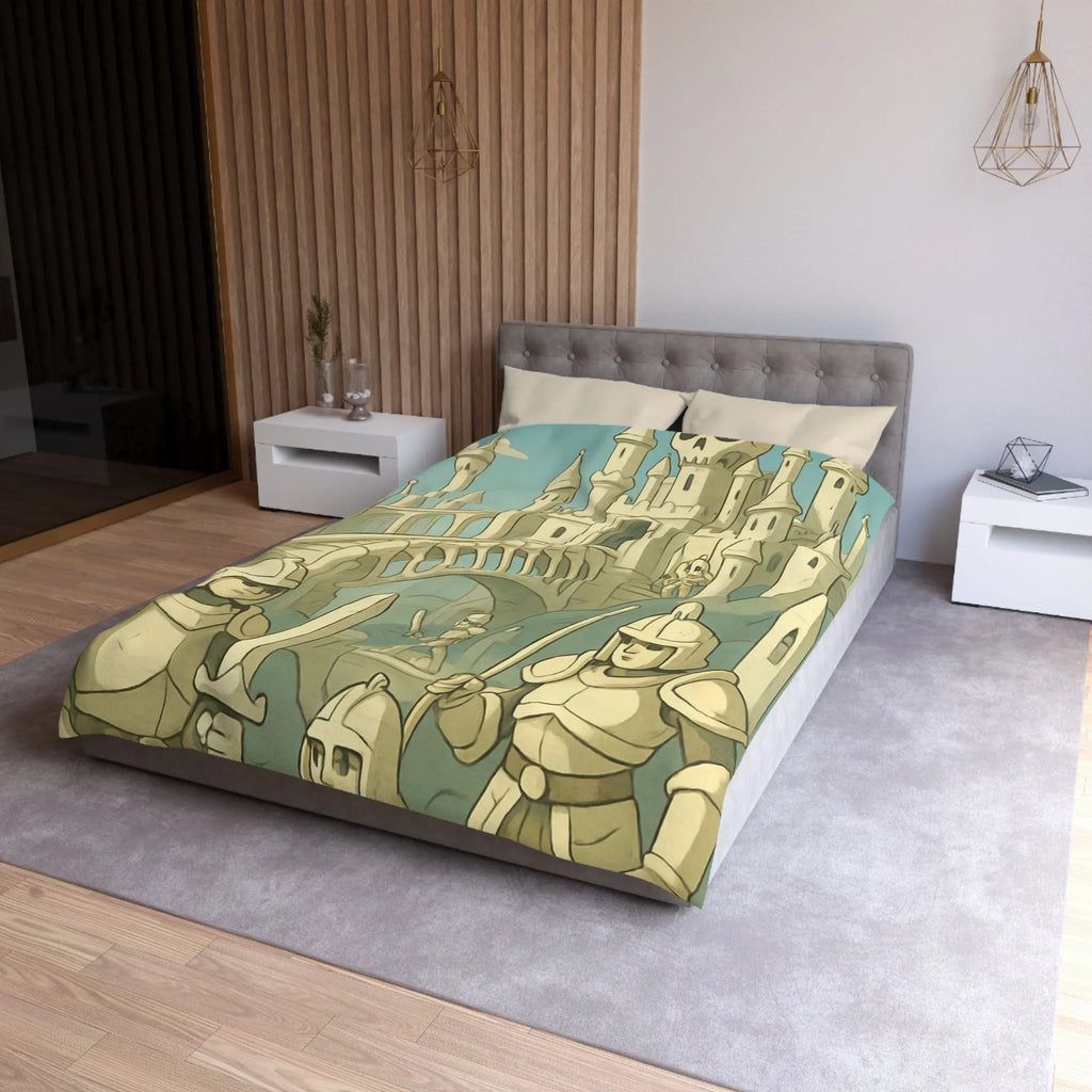 Housse de couette médiévale illustrée avec château crâne et chevaliers en armure
