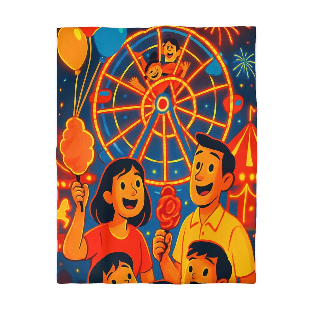 Housse de Couette Famille Heureuse Parc d'Attractions Éclairages Spectaculaires Fête Foraine à Décor