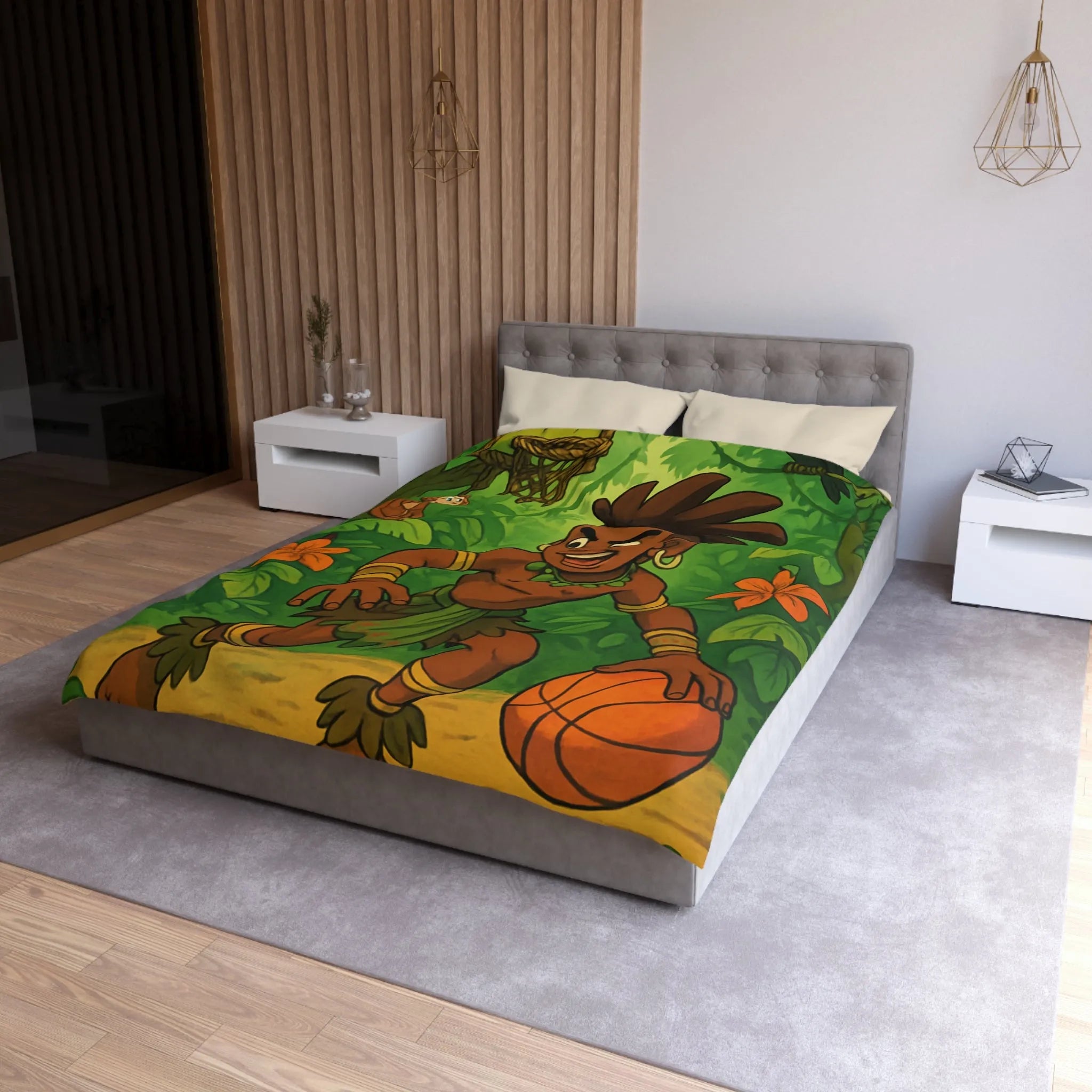 Housse de couette jungle avec garçon joueur de basket et animaux exotiques colorés