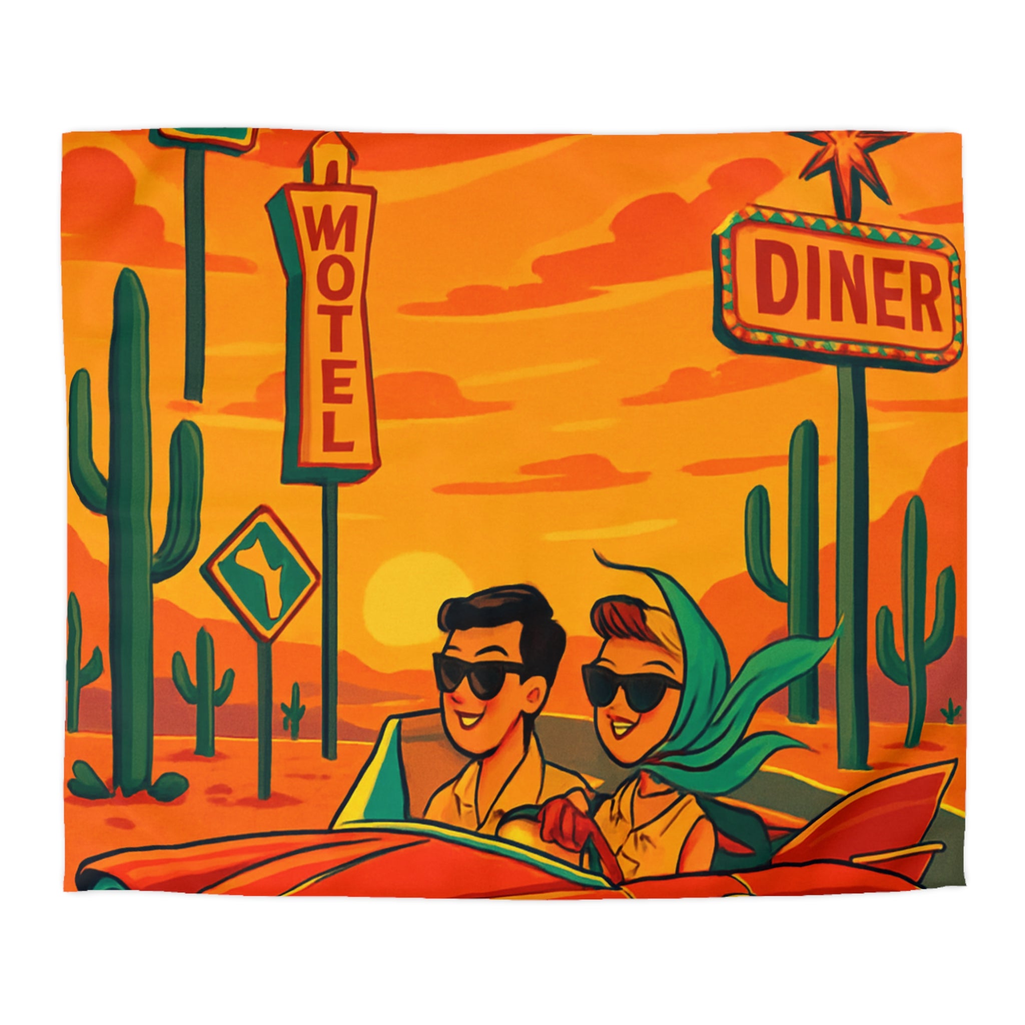 Housse de couette vintage rétro avec voiture rouge et paysages désertiques colorés