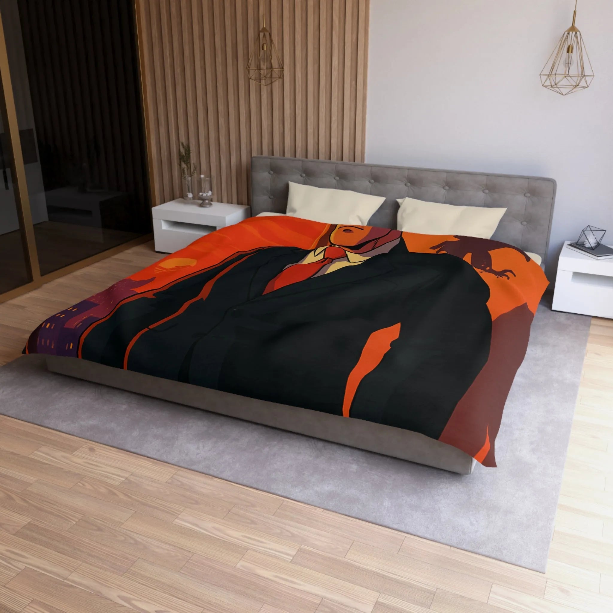 Housse de Couette au Style Épuré avec Silhouette Énigmatique et Coucher de Soleil