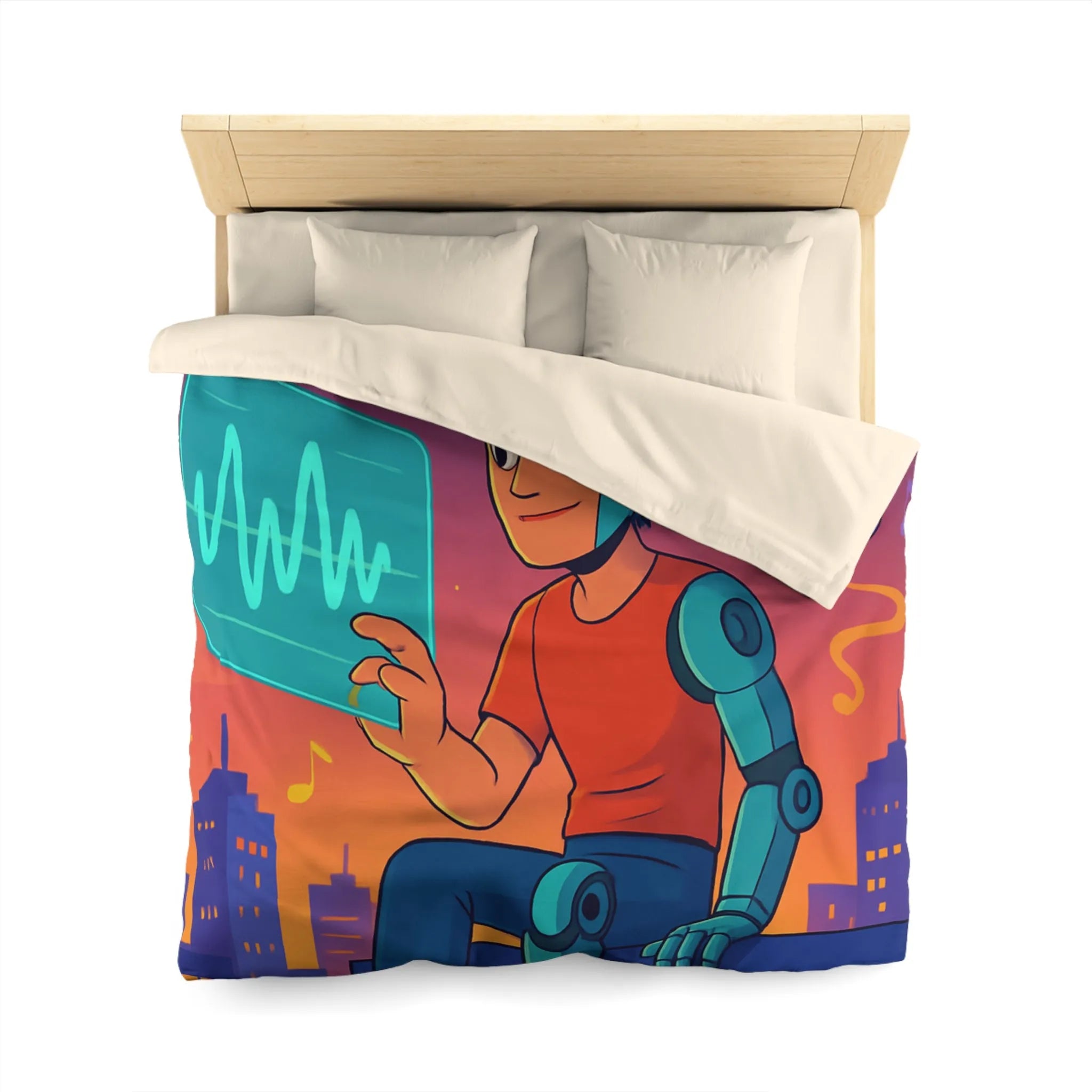 Housse de couette illustrée avec robot et skyline de nuit vibrante et colorée