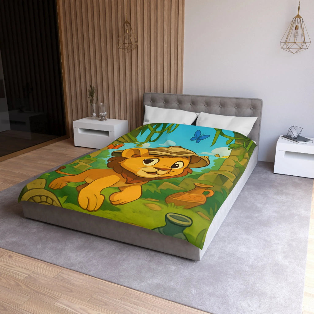 Housse de couette enfant safari lionceau explorateur avec papillons jungle dessin animé