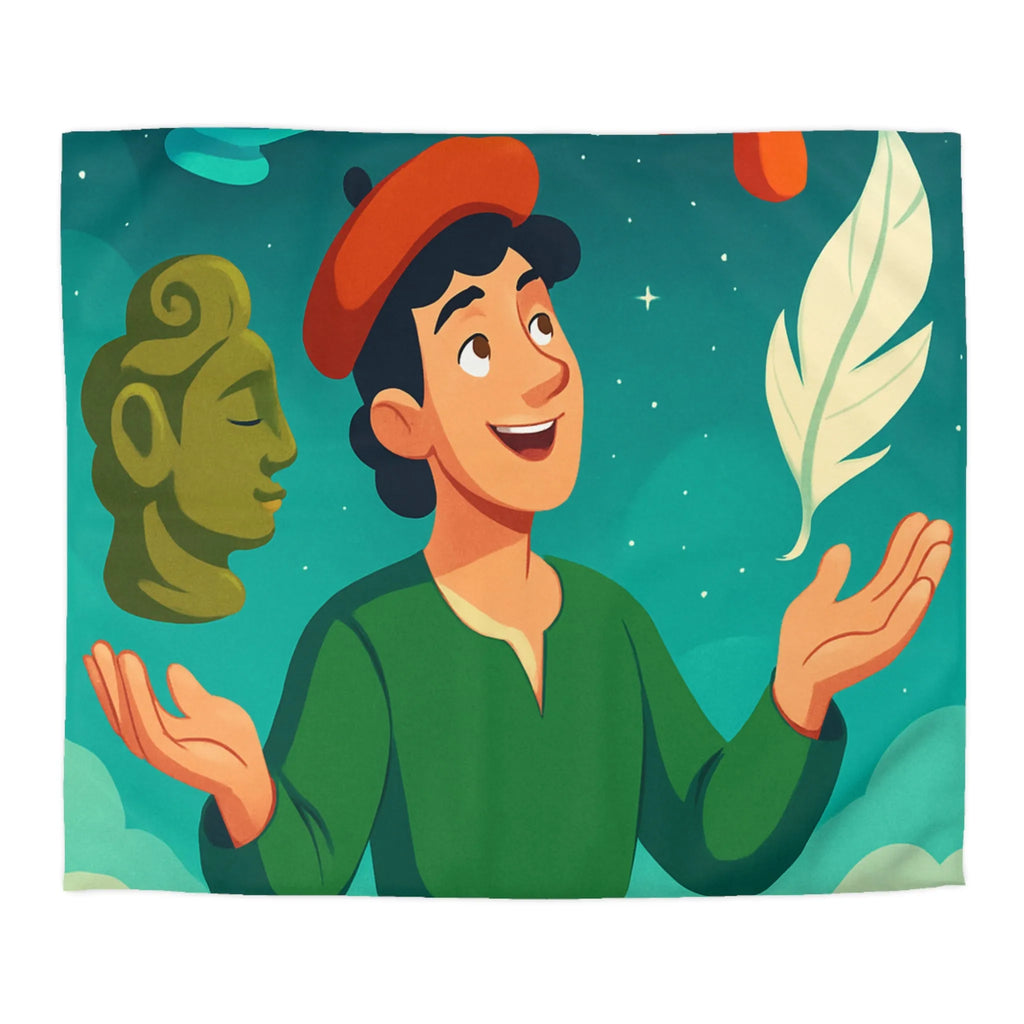 Housse de couette artistique avec personnage joyeux, nature et éléments magiques colorés