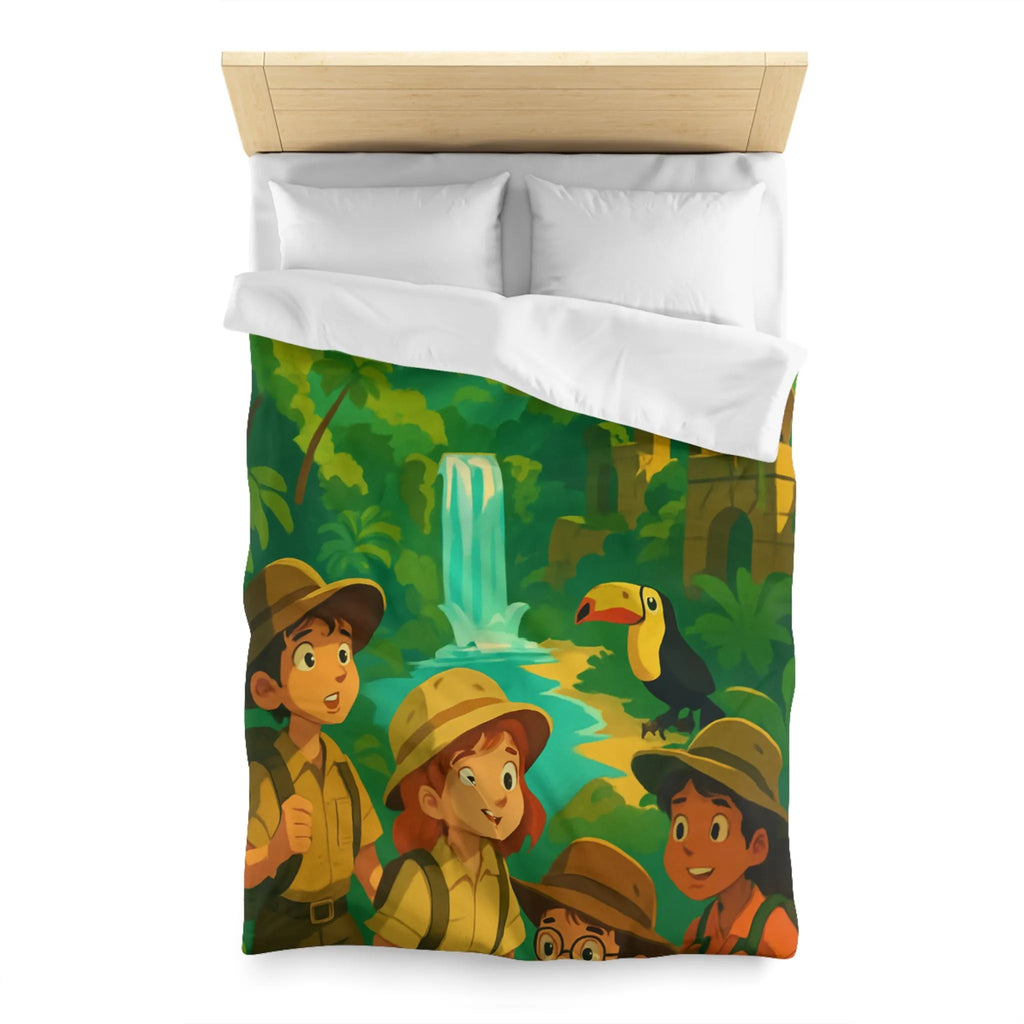 Housse de Couette Jungle Aventure Enfants avec Toucan, Monuments et Cascade Colorés