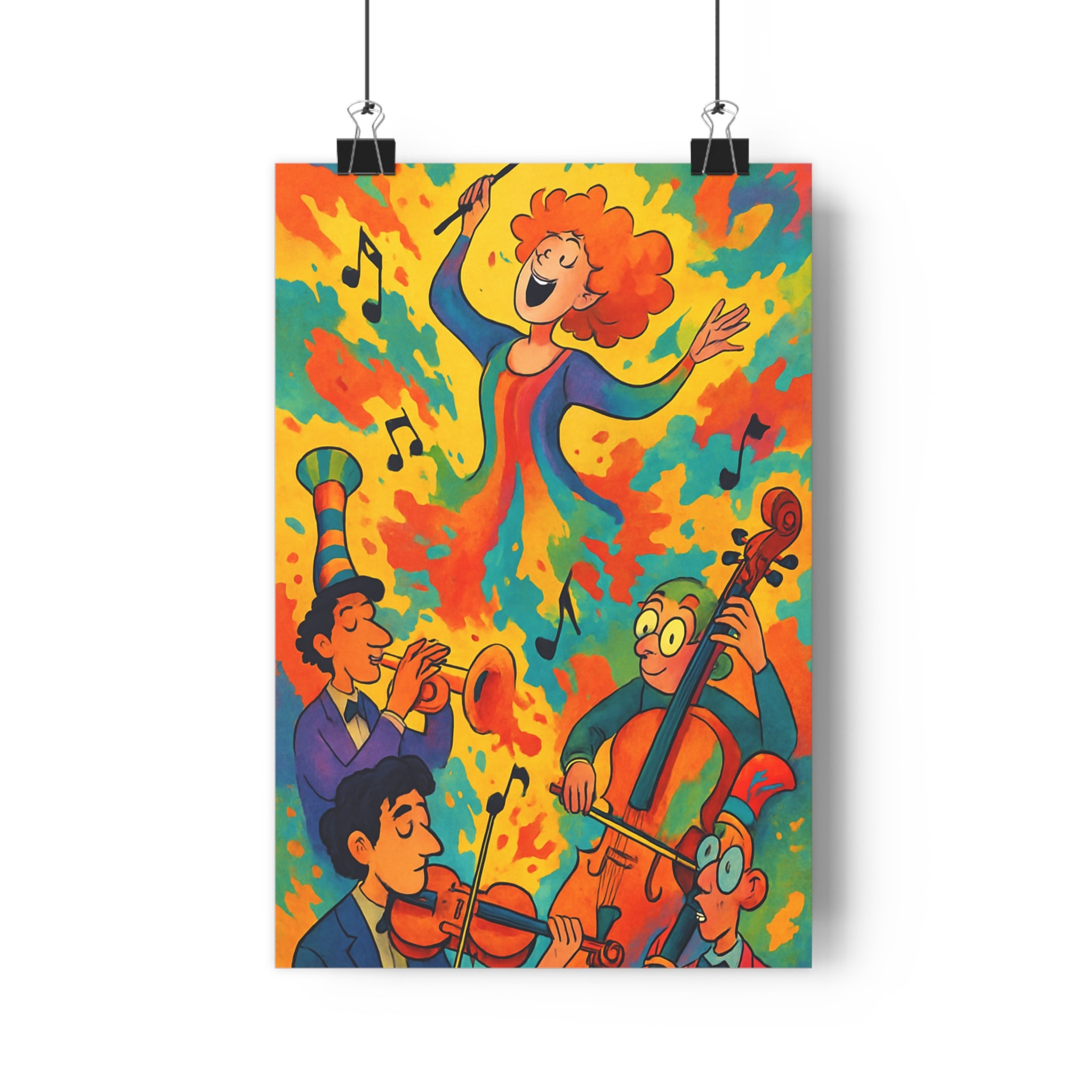 Poster décoratif animé jaune bleu orange salon joyeux musique moderne surréaliste créatif vibrant dynamique