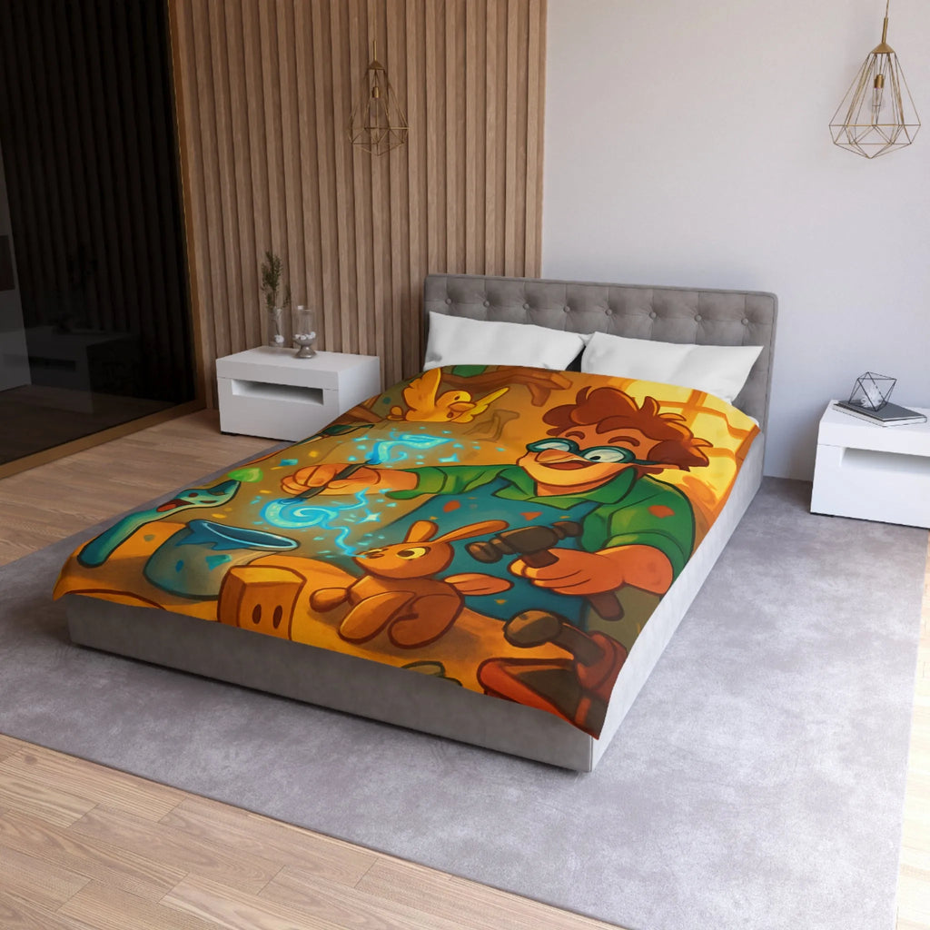 Artisan heureux sculpte figurines magiques dans atelier en bois lumineux et coloré