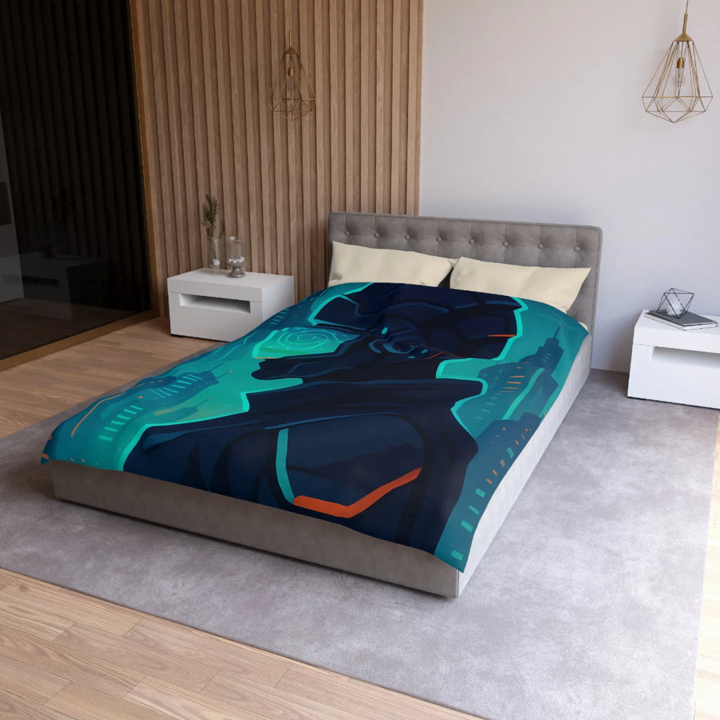 Housse de couette futuriste avec casque de réalité virtuelle et gratte-ciels lumineux