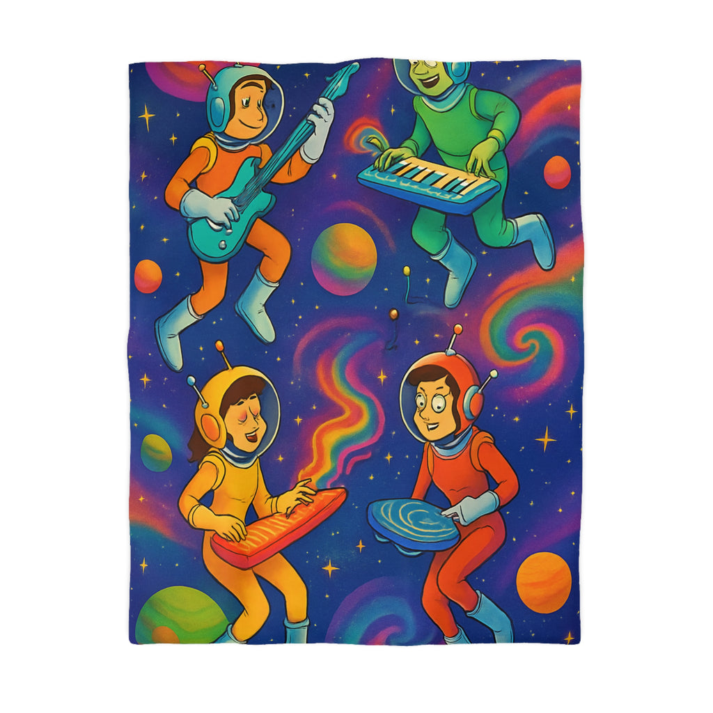 Housse de Couette Spatiale Psychédélique avec Astronautes Musiciens et Planètes Colorées