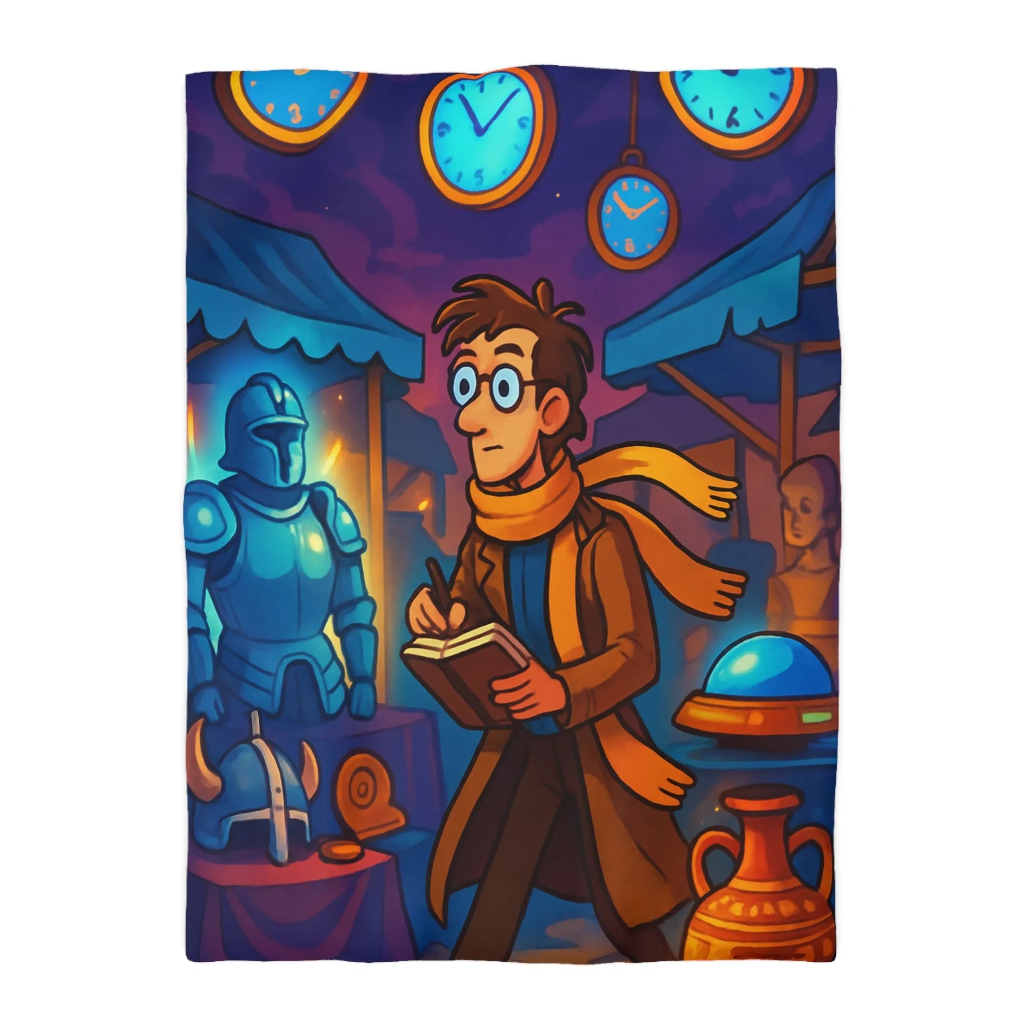 Housse de couette avec motif de marché nocturne mystérieux et horloges suspendues