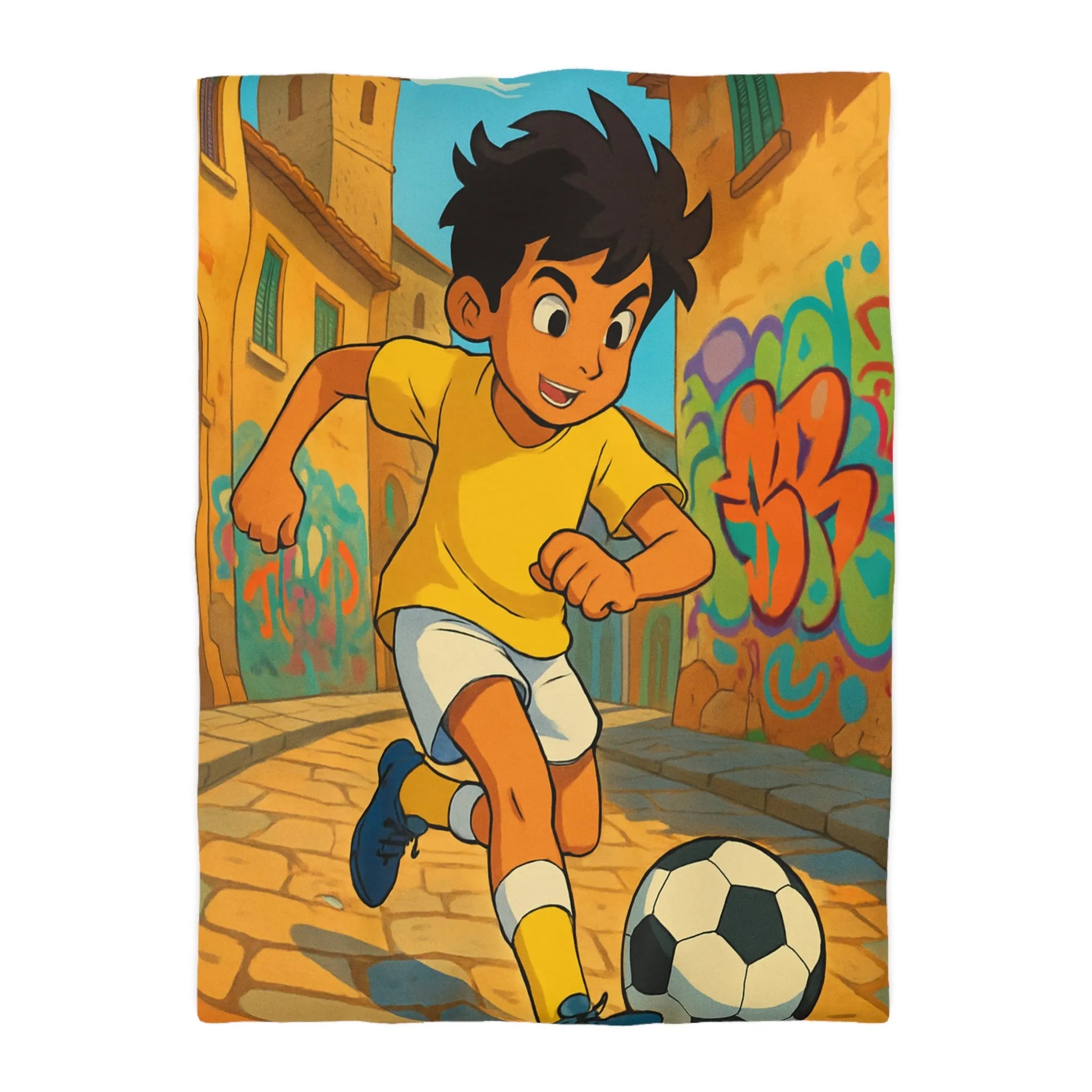 Housse de couette jaune enfant illustrant garçon jouant au football dans une ruelle colorée