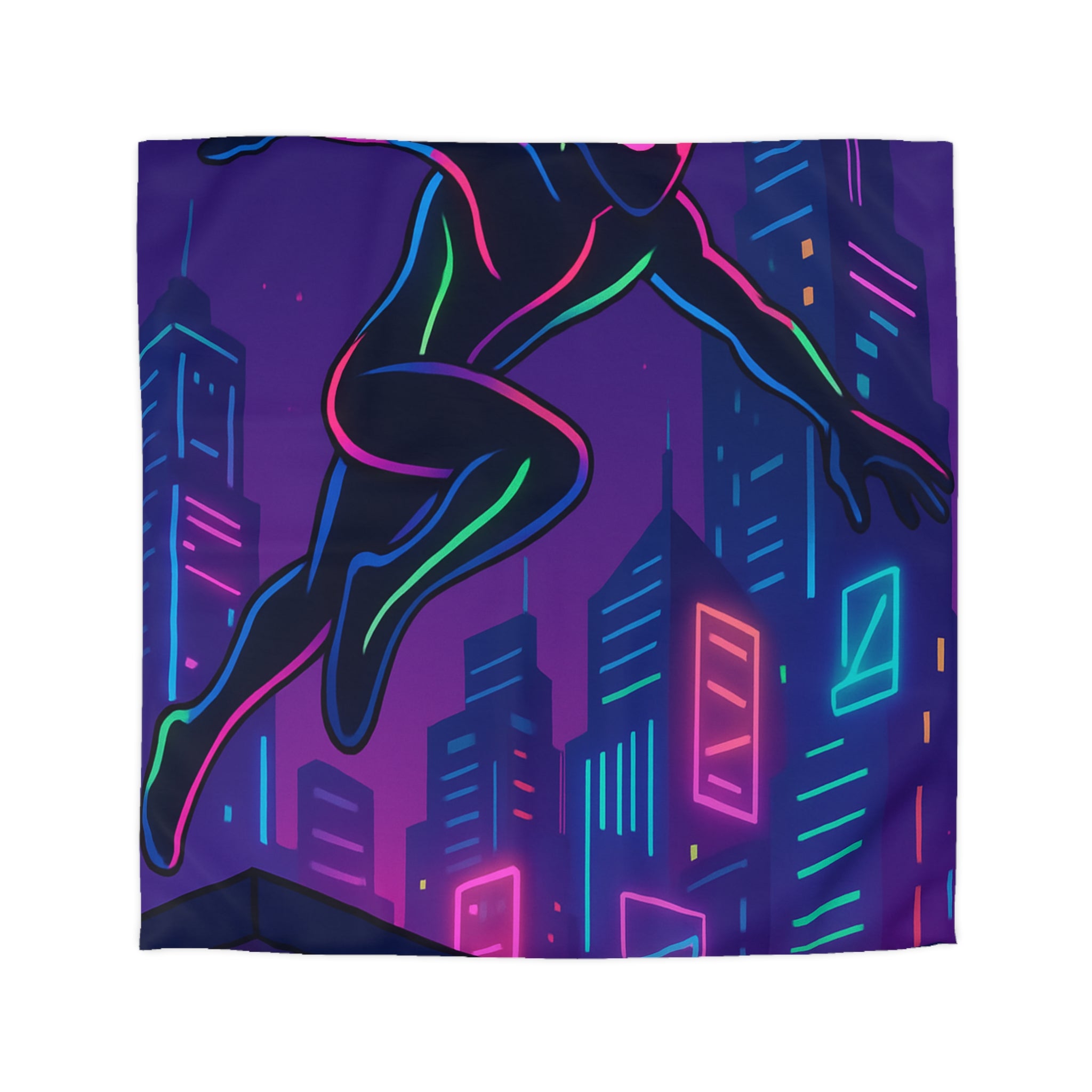 Housse de couette néon urbain avec silhouette héroïque sautant devant gratte-ciel lumineux