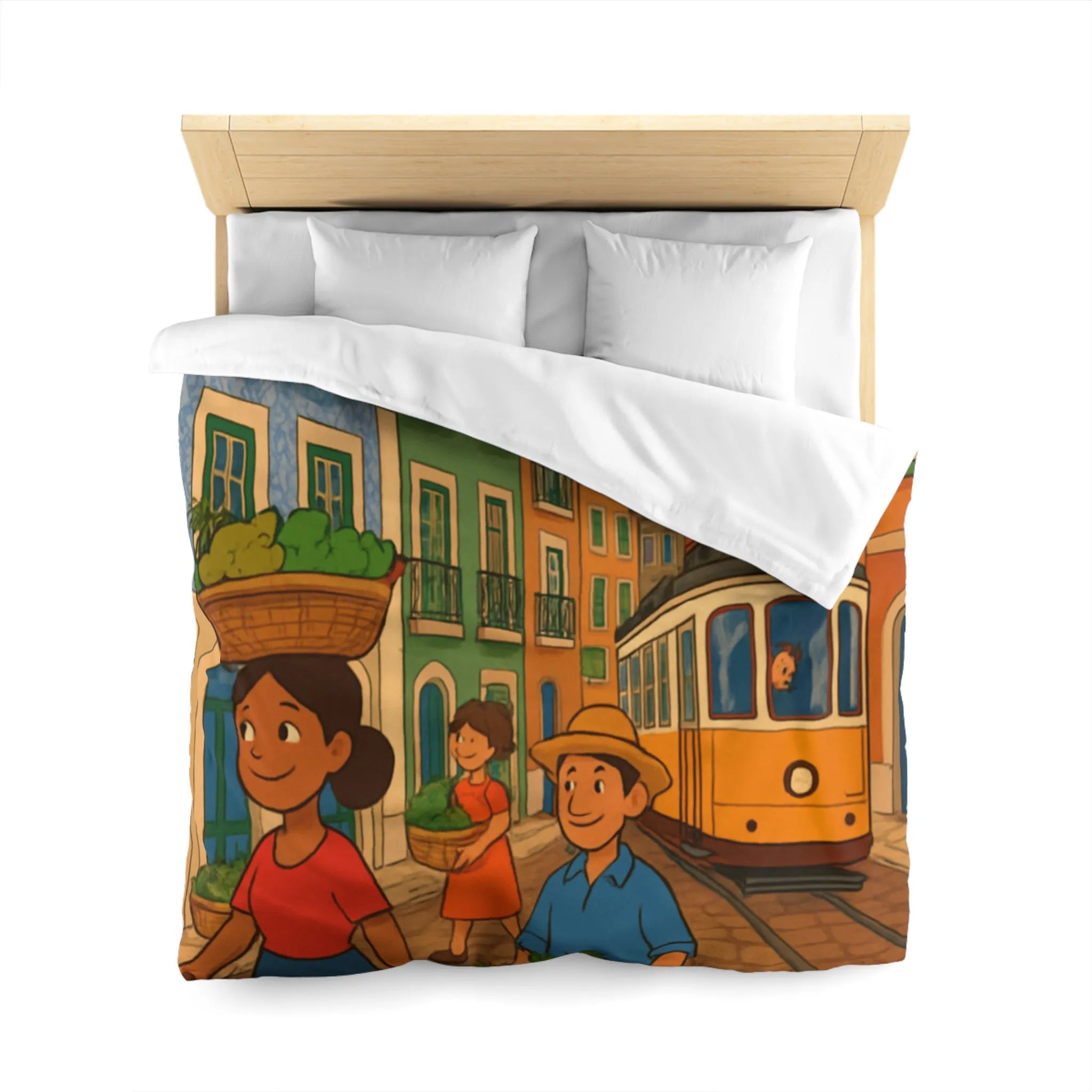 Housse de Couette Colorée Illustrant Scène Vibrante de Rue avec Tramway et Marché